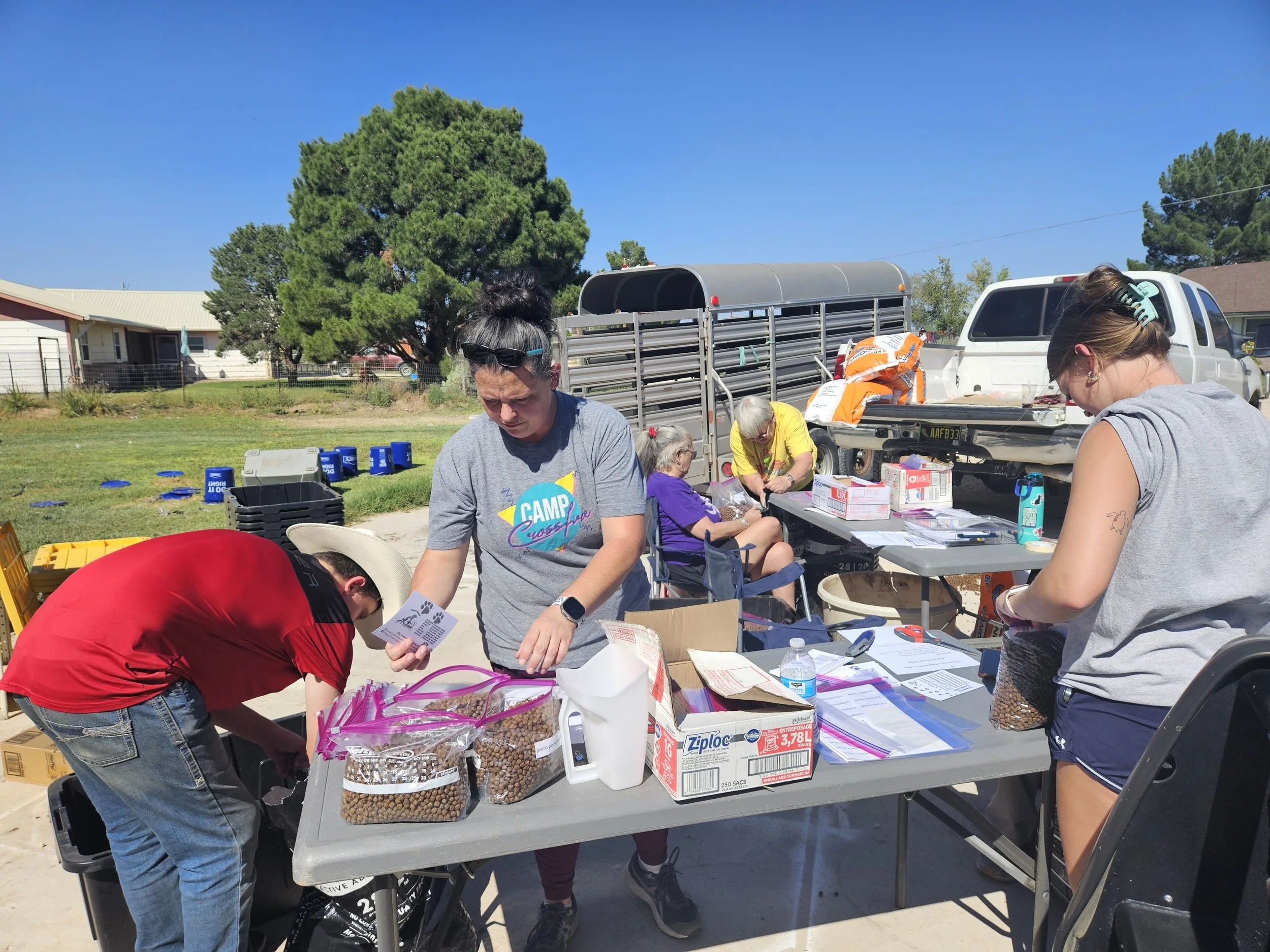 A group of people outdoors engaged in packing and organizing supplies on tables. Containers of pet food and bags are present, with papers and other items spread out. A tree and a white vehicle are visible in the background under a clear blue sky.