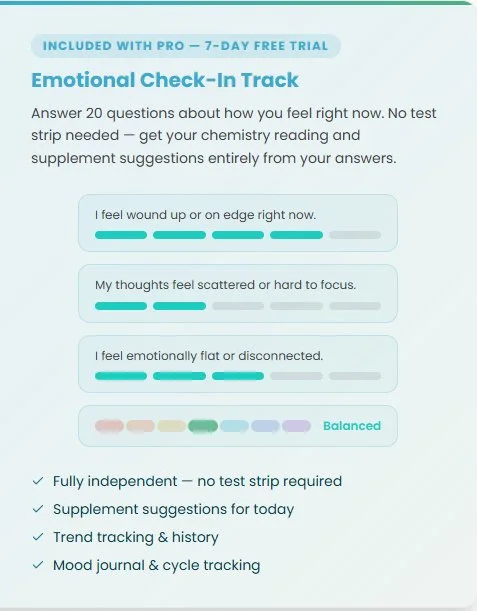Screenshot of an emotional check-in track from a wellness app, showing a 7-day free trial, with responses to questions about physical and emotional feelings, including a balanced mood indicator.