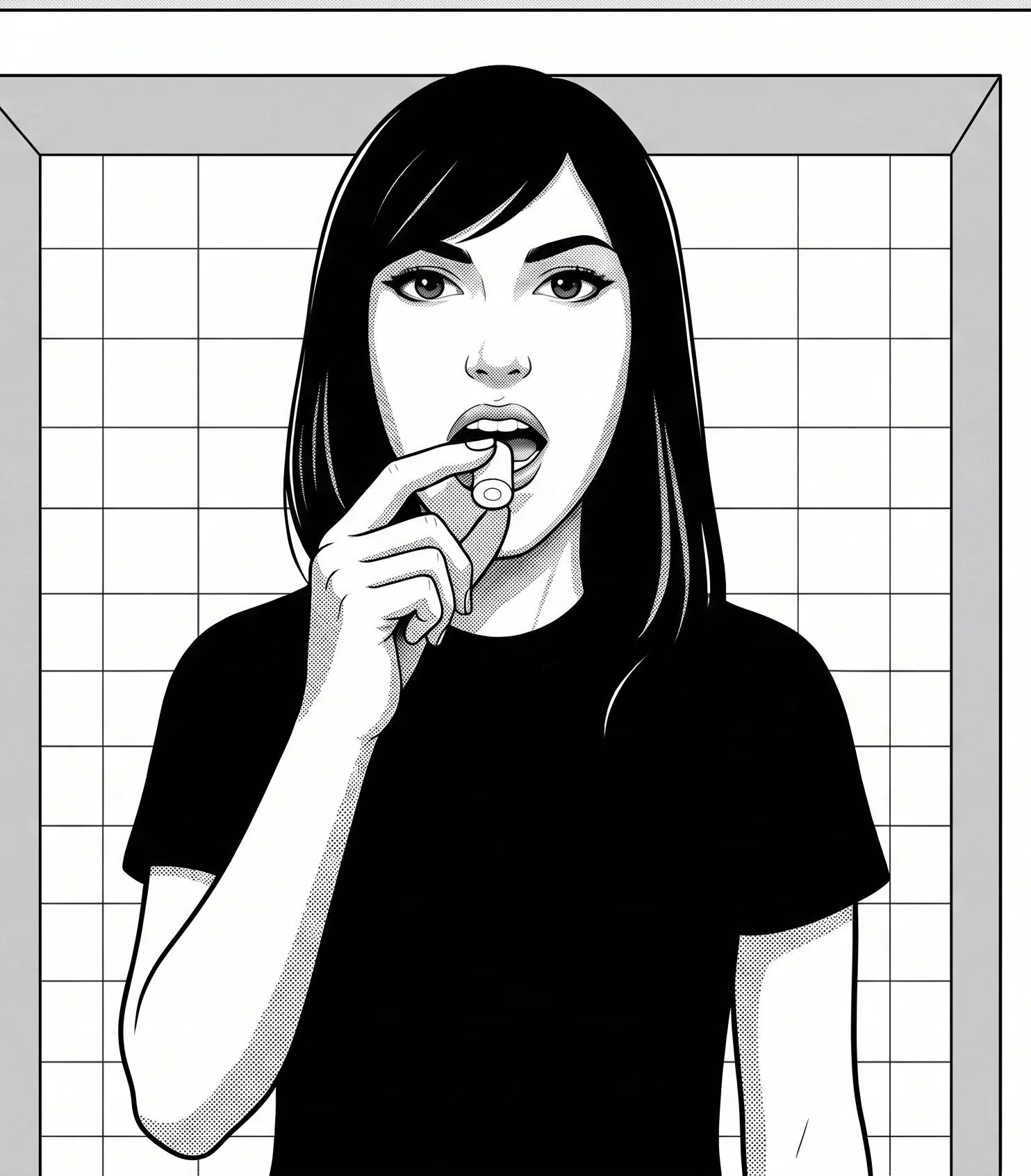A black and white cartoon-style illustration of a woman with long hair putting a dental gauze in her mouth for a saliva test.