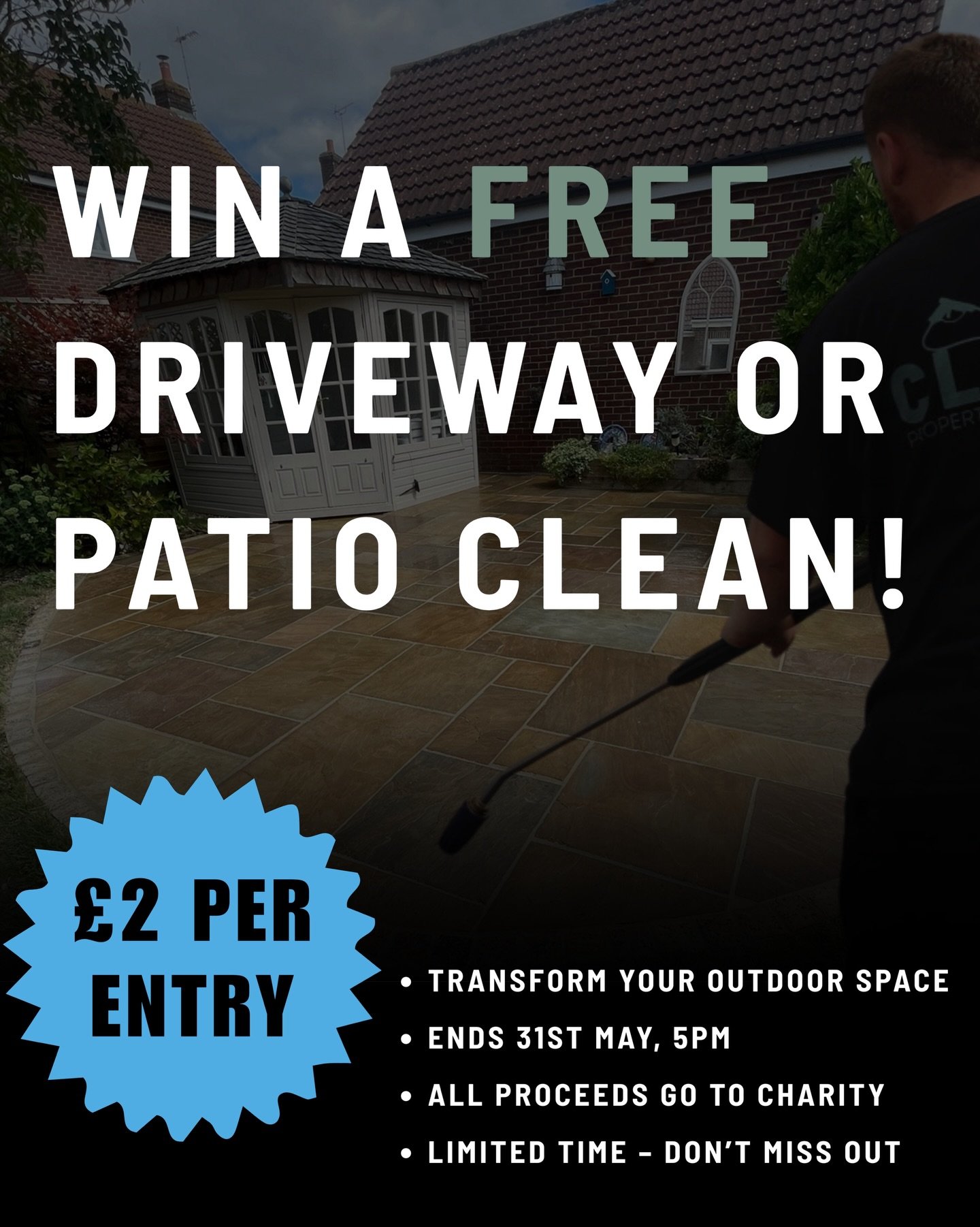🚨 WIN A FREE DRIVEWAY OR PATIO CLEAN 🚨

‼️LINK IN BIO TO ENTER‼️
 
We&rsquo;re giving you the chance to win a professional driveway or patio clean from Clark Property Maintenance - just in time for summer!

🎟️ Tickets are just &pound;2
🏆 1 winner