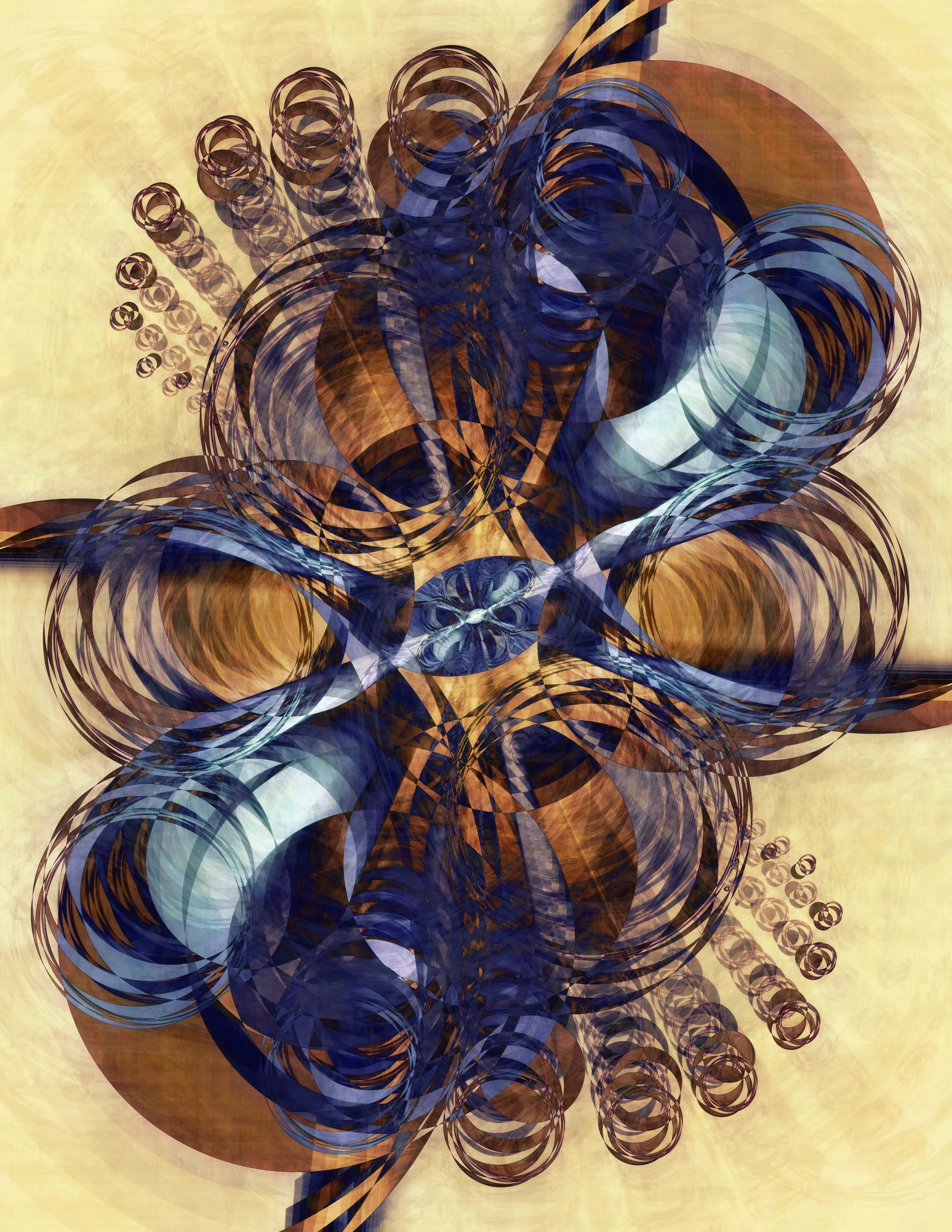 An abstract digital artwork with swirling patterns in blue, brown, and beige colors, creating a complex and layered composition.