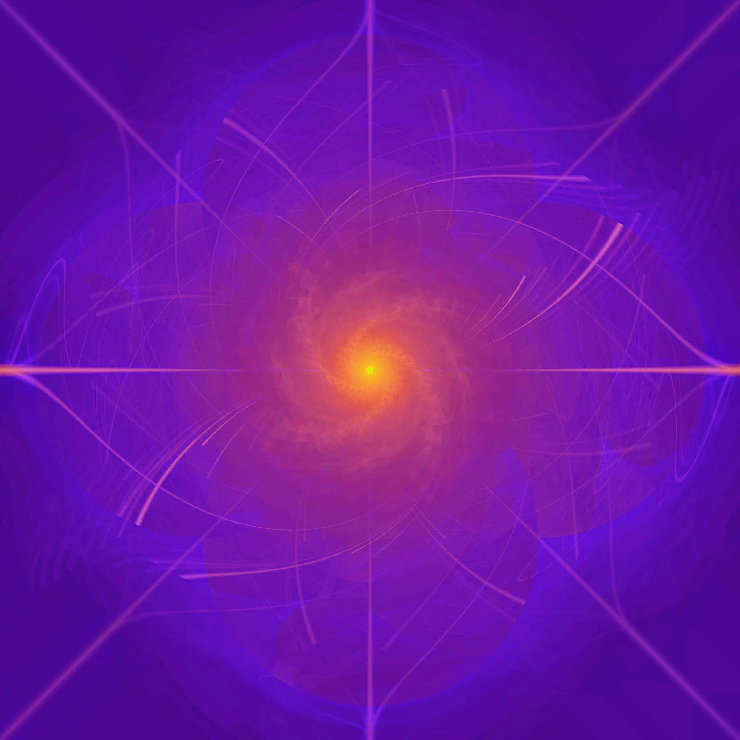 Abstract digital artwork with a predominantly purple background, featuring a glowing yellow-orange light source near the bottom center, with multiple intertwined light streaks and lines radiating outward, creating a dynamic, futuristic appearance.