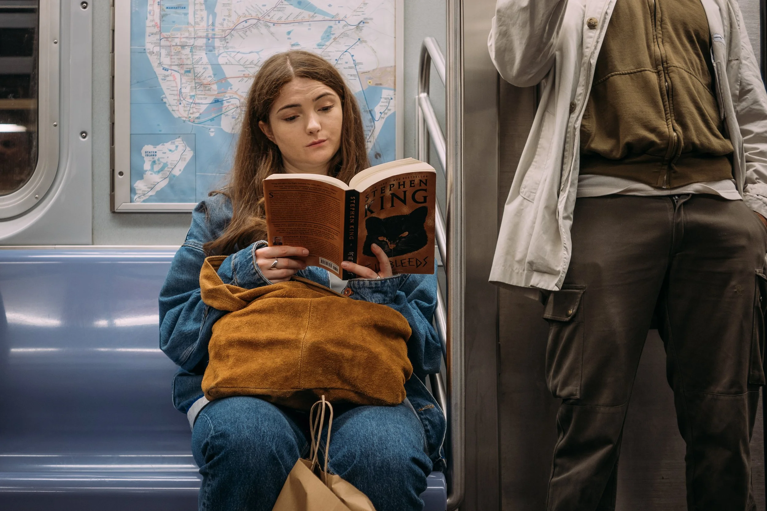 A woman with long brown hair sitting on a subway train reading a book titled 'Sleeps' by Stephen King, with a map behind her and a purse beside her. A man with a brown jacket stands nearby.