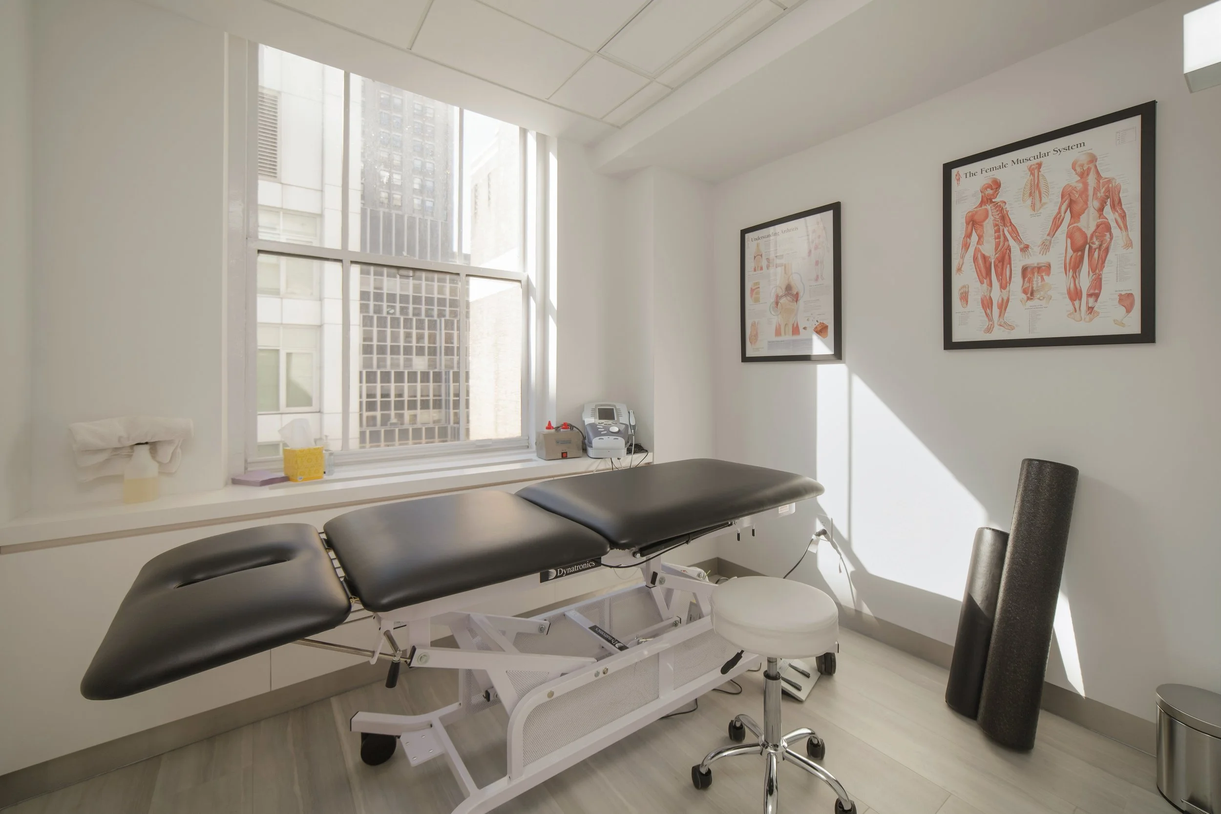 Medical examination room with an adjustable black examination table, a rolling stool, a gray chair, framed anatomical posters on the white wall, a window letting in natural light, a telephone, and medical supplies on the window sill.
