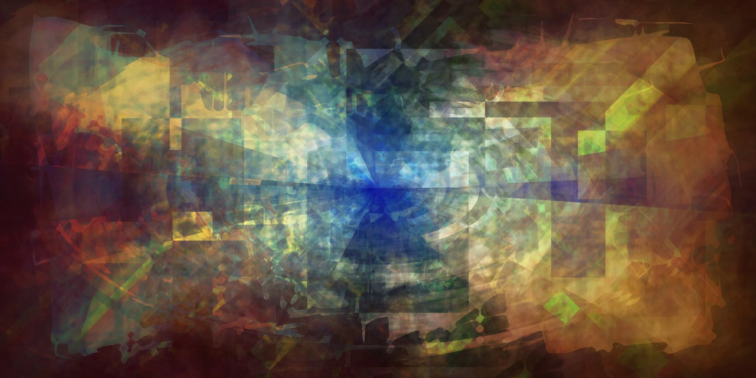 Abstract digital artwork with multicolored geometric shapes and a central focal point in blue, creating a dynamic and layered visual effect.