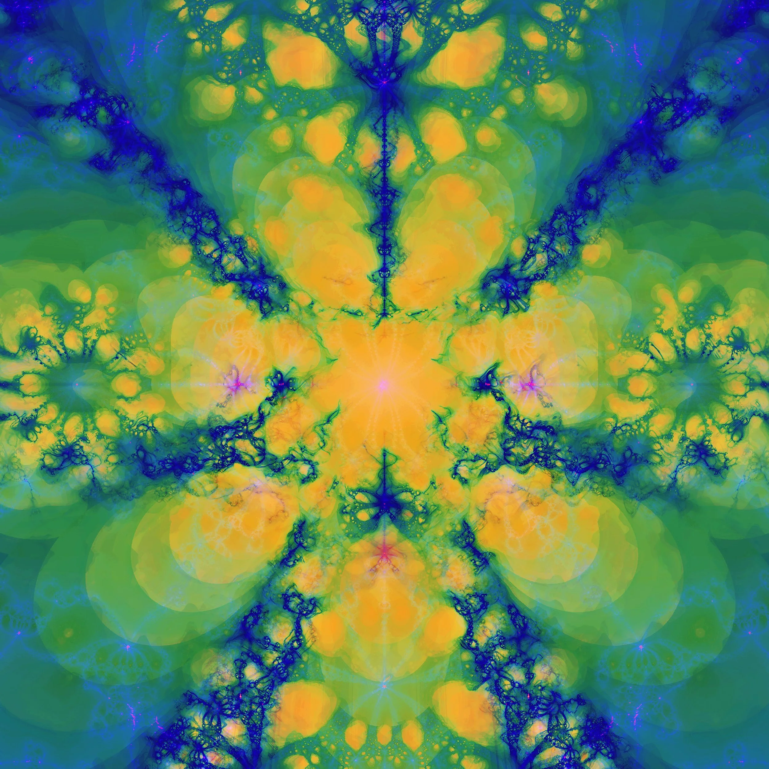 Abstract digital art piece featuring bright yellow and green colors with intricate blue and purple line patterns resembling fractals or neural networks.