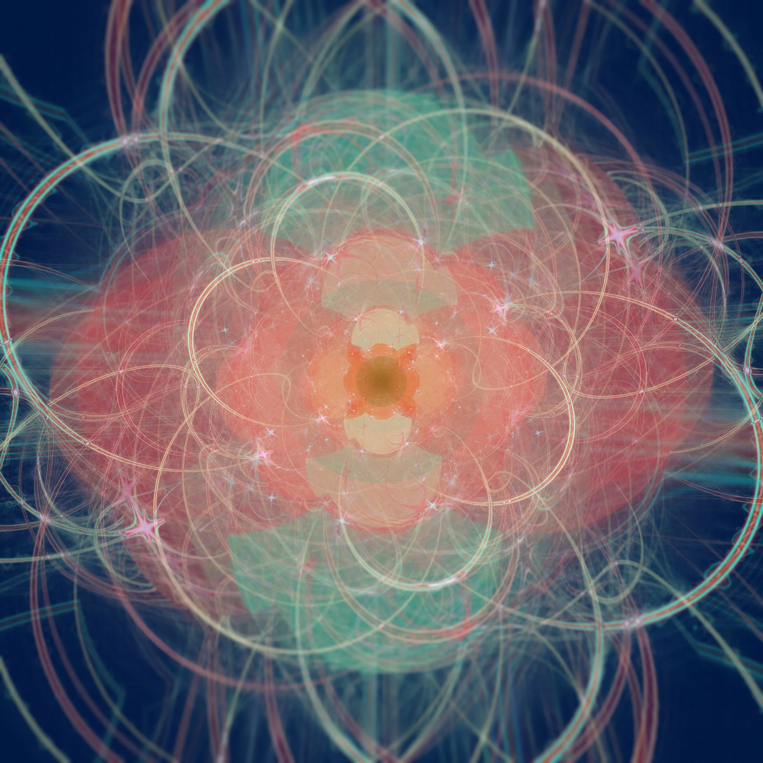 Colorful abstract background with glowing, intersecting neon circles and lines creating a web-like pattern.