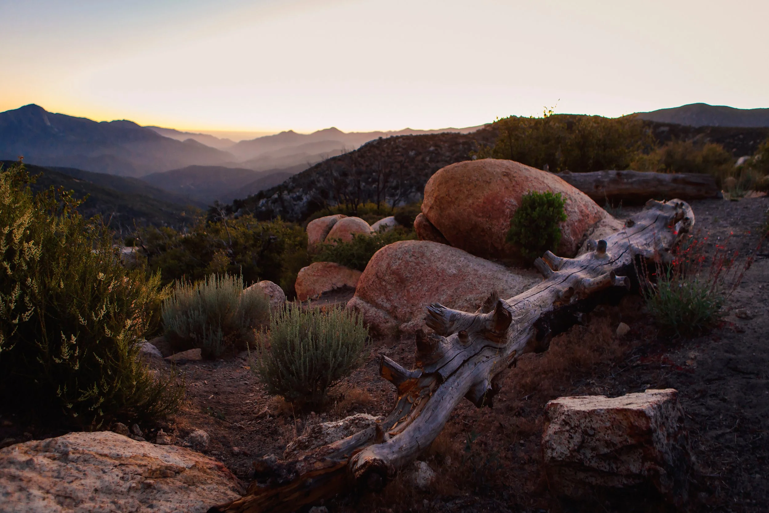A landscape view of mountains at sunset with large rocks and dried tree branches in the foreground.