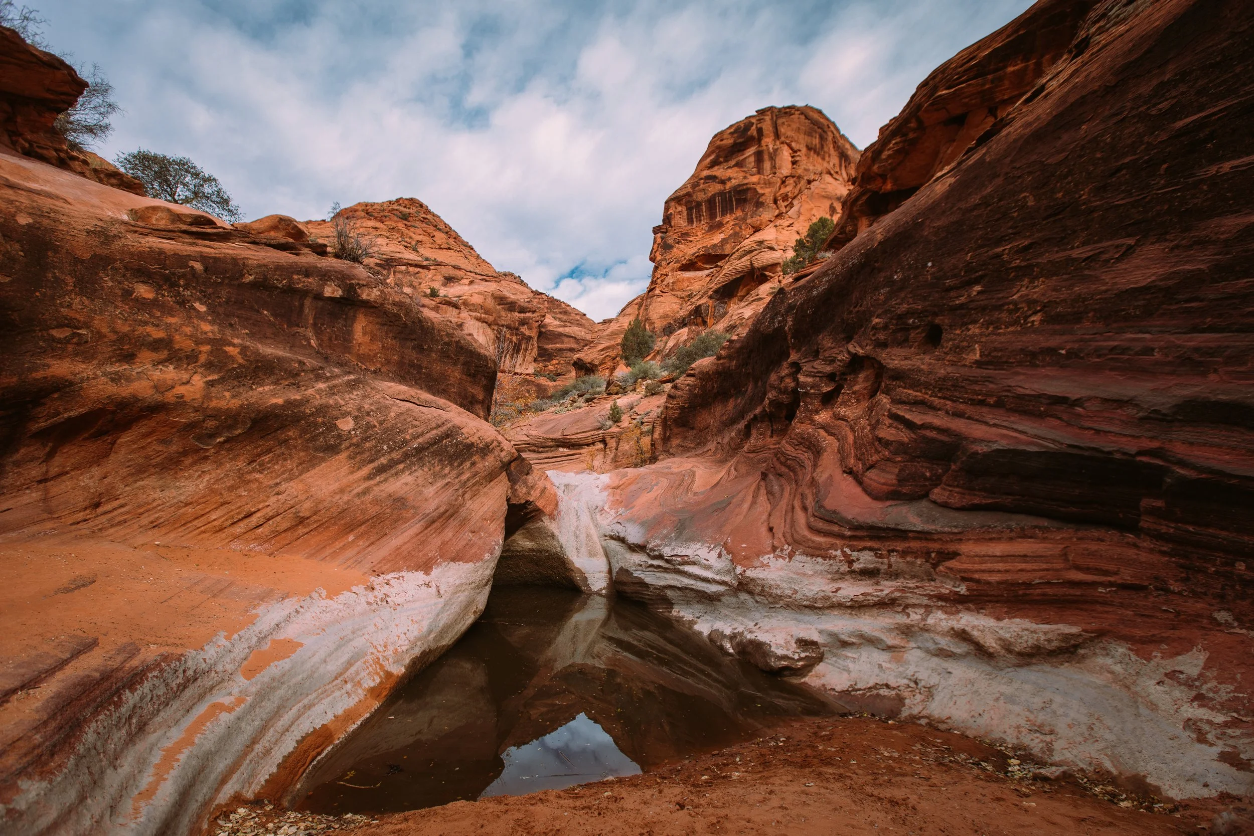 Red rock canyon with canyon walls and a small pool of water reflecting the sky.