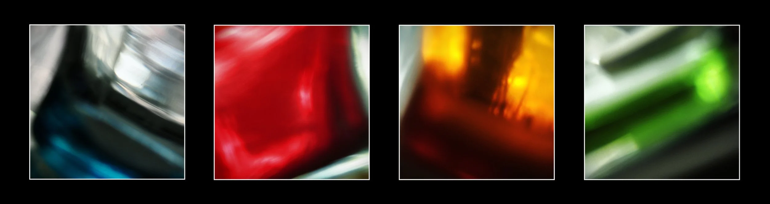 Close-up abstract images of colorful glass objects in shades of blue, red, orange, and green