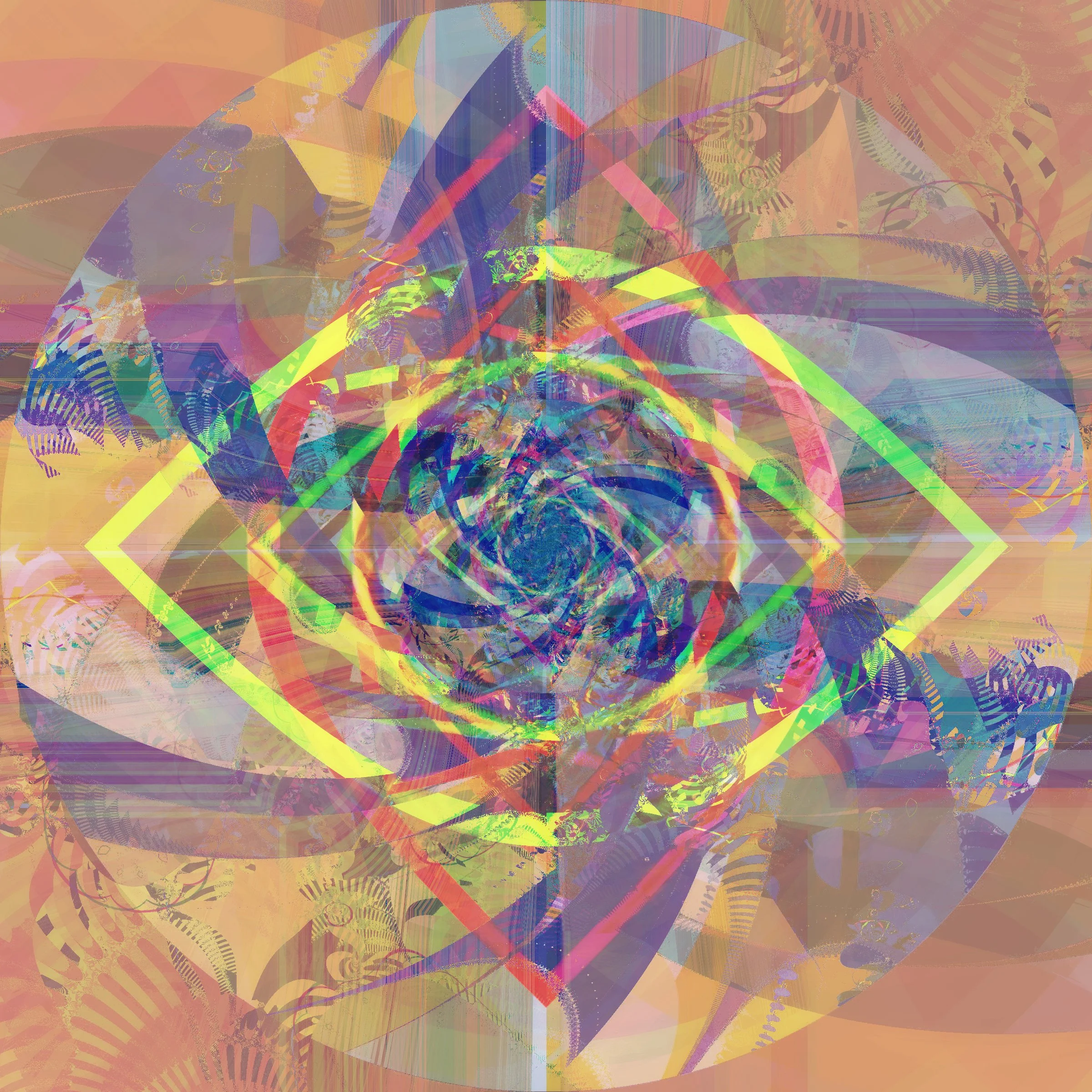 Abstract digital artwork with vibrant colors including yellow, pink, blue, and purple, featuring geometric shapes and patterns, swirling lines, and layered textures.