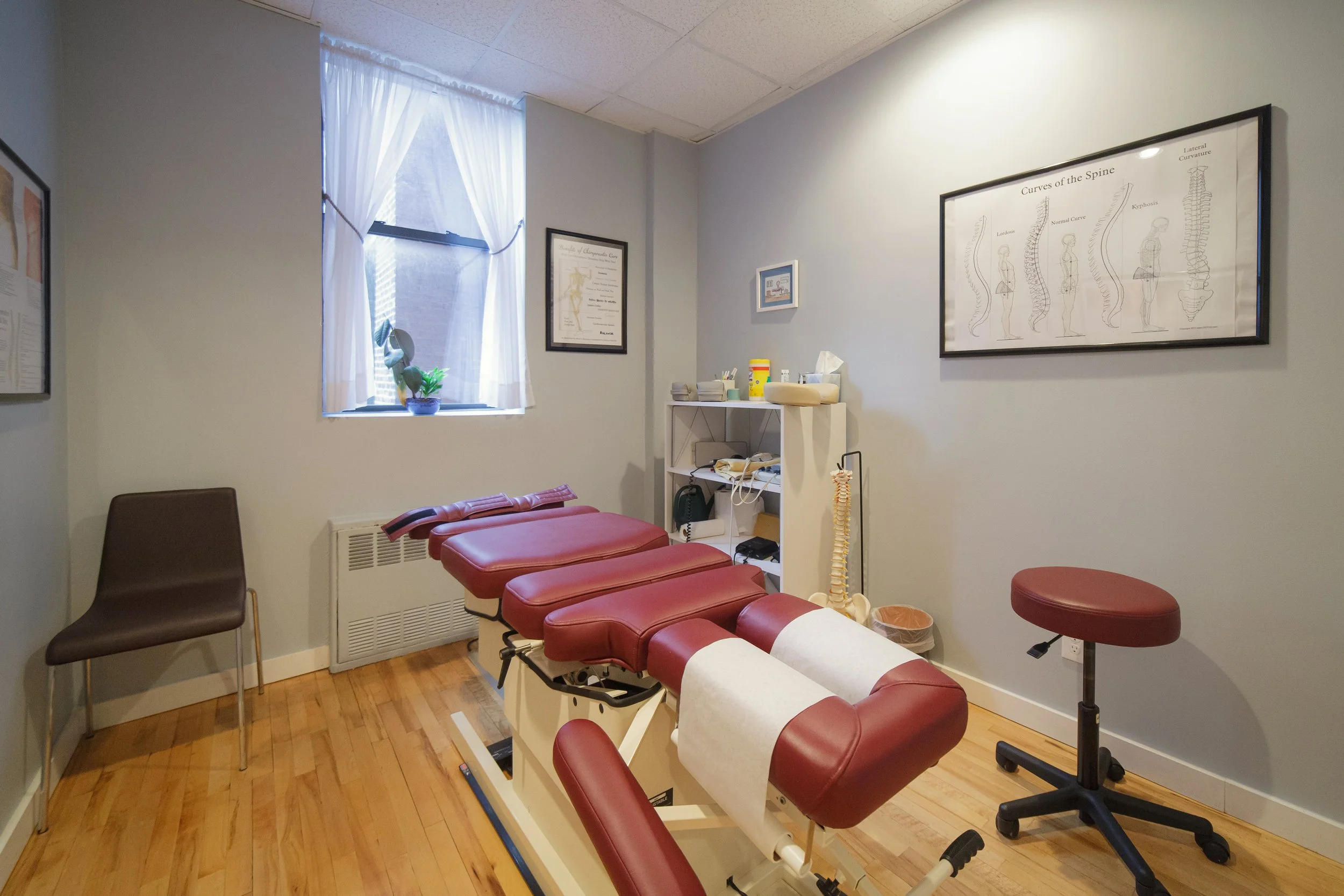 Medical examination room with a treatment table, chairs, a window with white curtains, and medical posters on the wall.