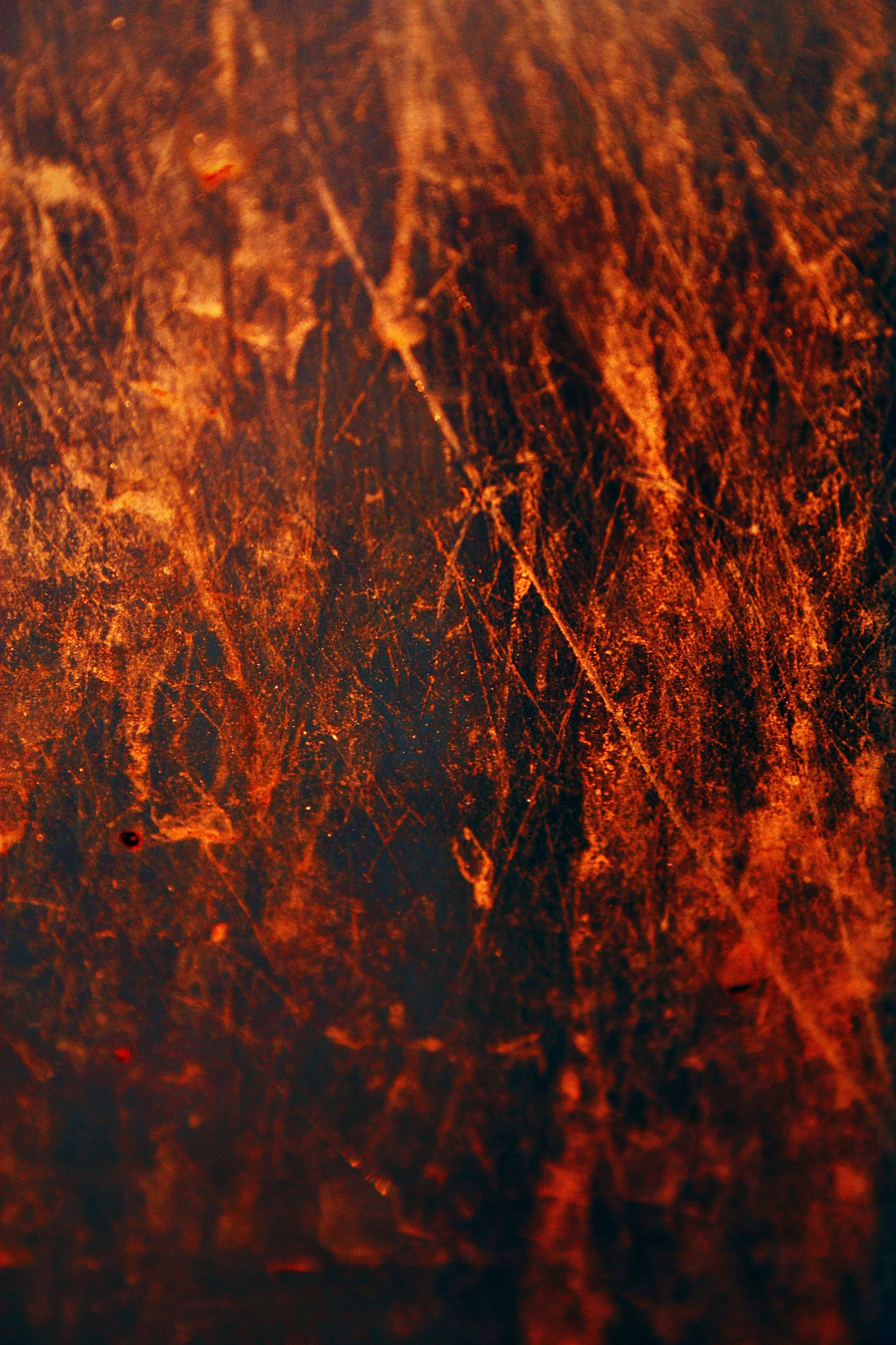 Close-up photograph of a textured, rust-colored surface with scratches and uneven patterns.