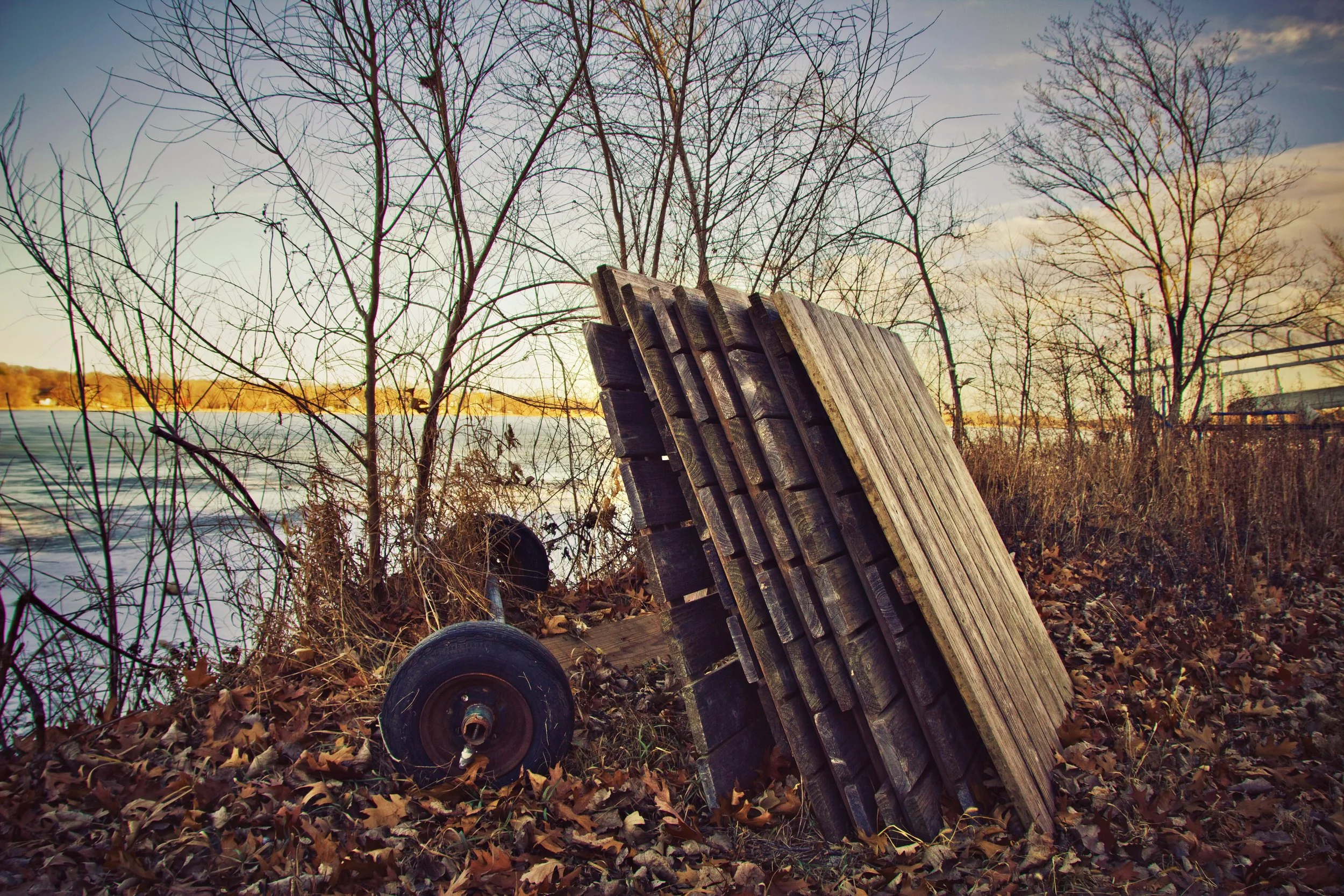 An outdoor scene with leafless trees, a frozen body of water, and a discarded pallet leaning against a ground area covered with fallen leaves. A large black tire lies nearby. The sky is partly cloudy with the sun low, suggesting late afternoon or ear