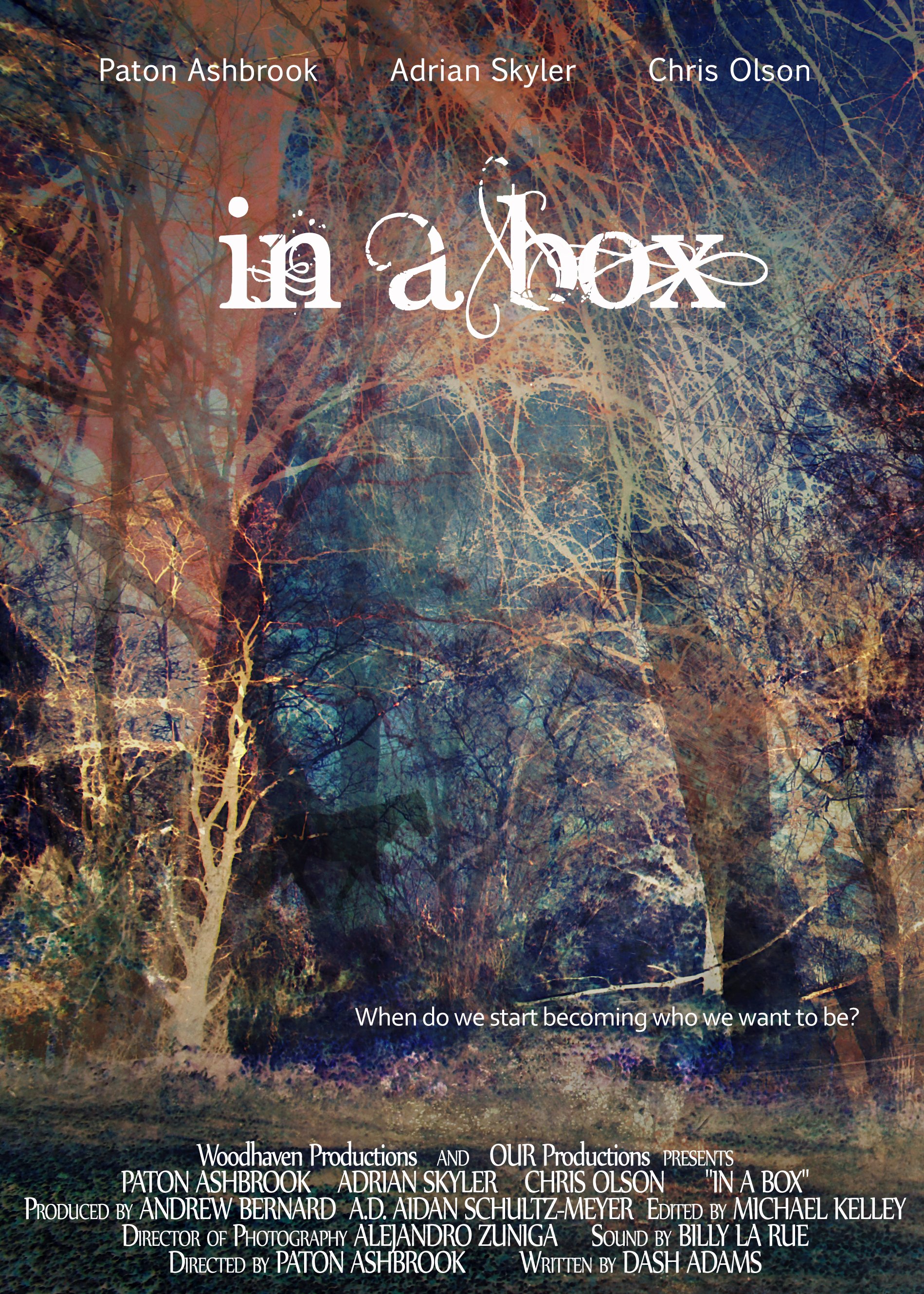 A poster for a production titled 'In a Box' features a background of leafless trees with intertwining branches against a dark sky. The poster includes quotes, cast, crew, and production details in white text.