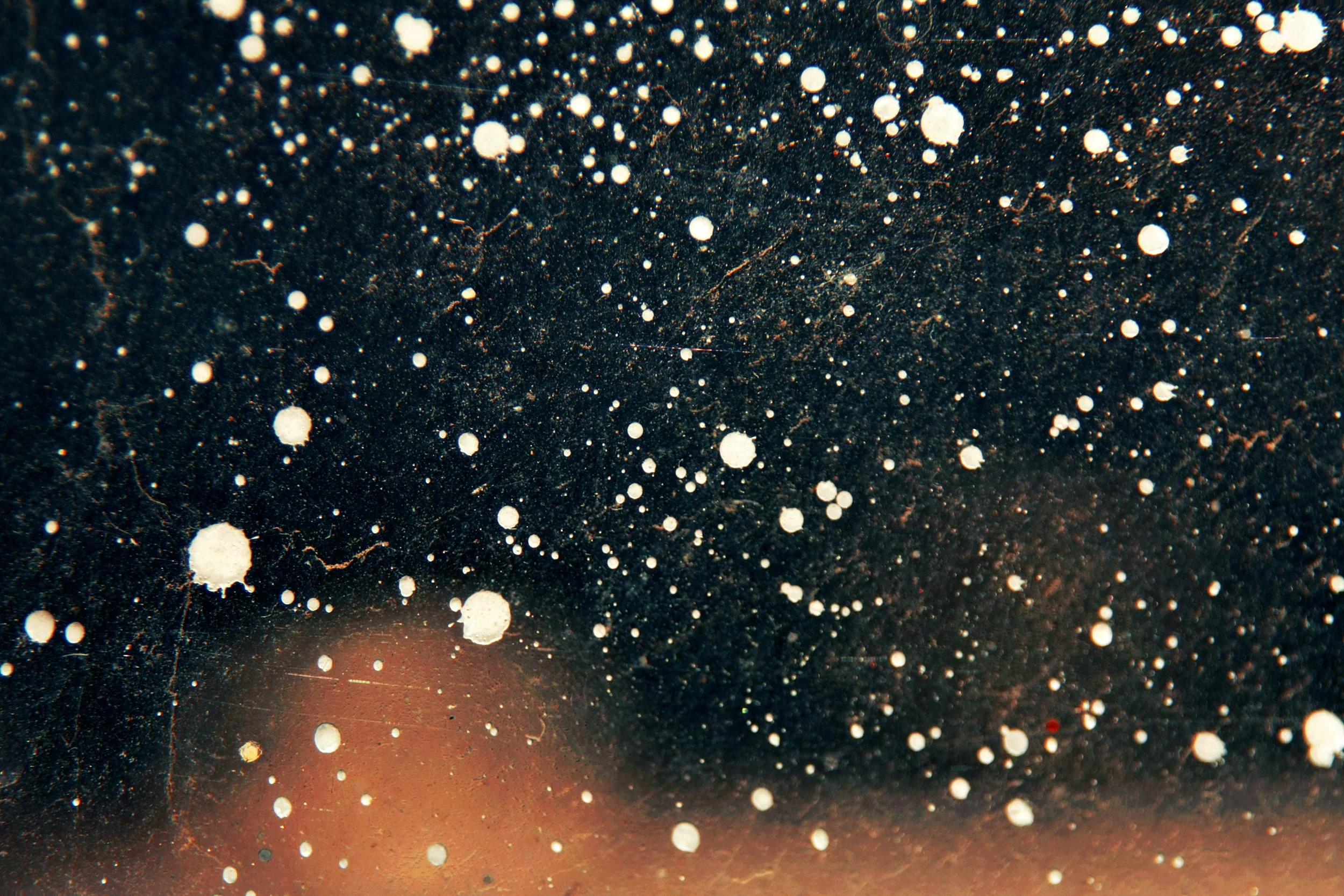 Close-up of a dark surface with white paint splatters and specks, creating an abstract pattern.