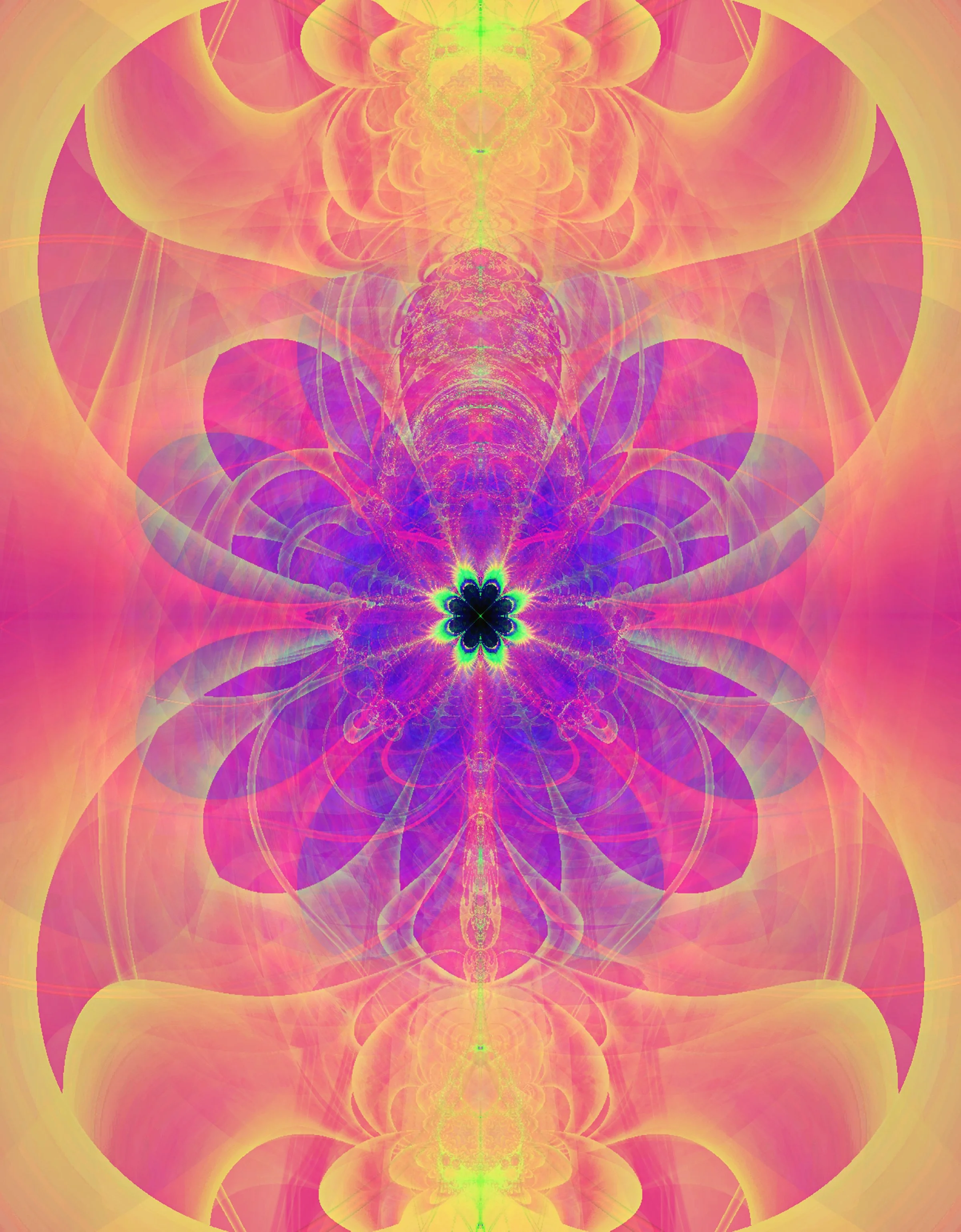 An abstract digital artwork featuring symmetrical, colorful patterns with pink, yellow, and purple hues creating a fractal-like design with a central floral shape.