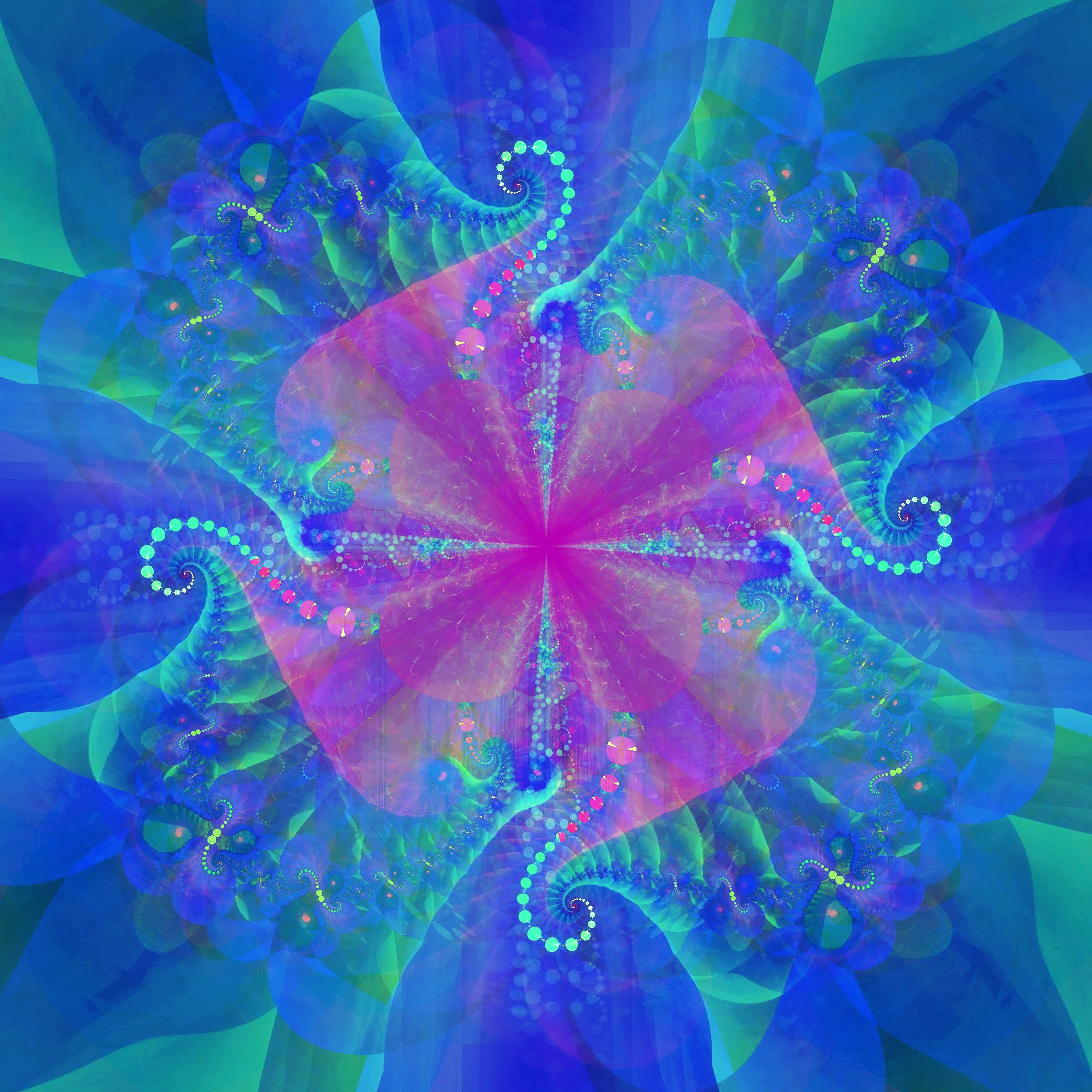 A digitally created abstract pattern featuring swirling fractal designs in bright neon colors such as blue, green, pink, and purple, with a sense of depth and movement.