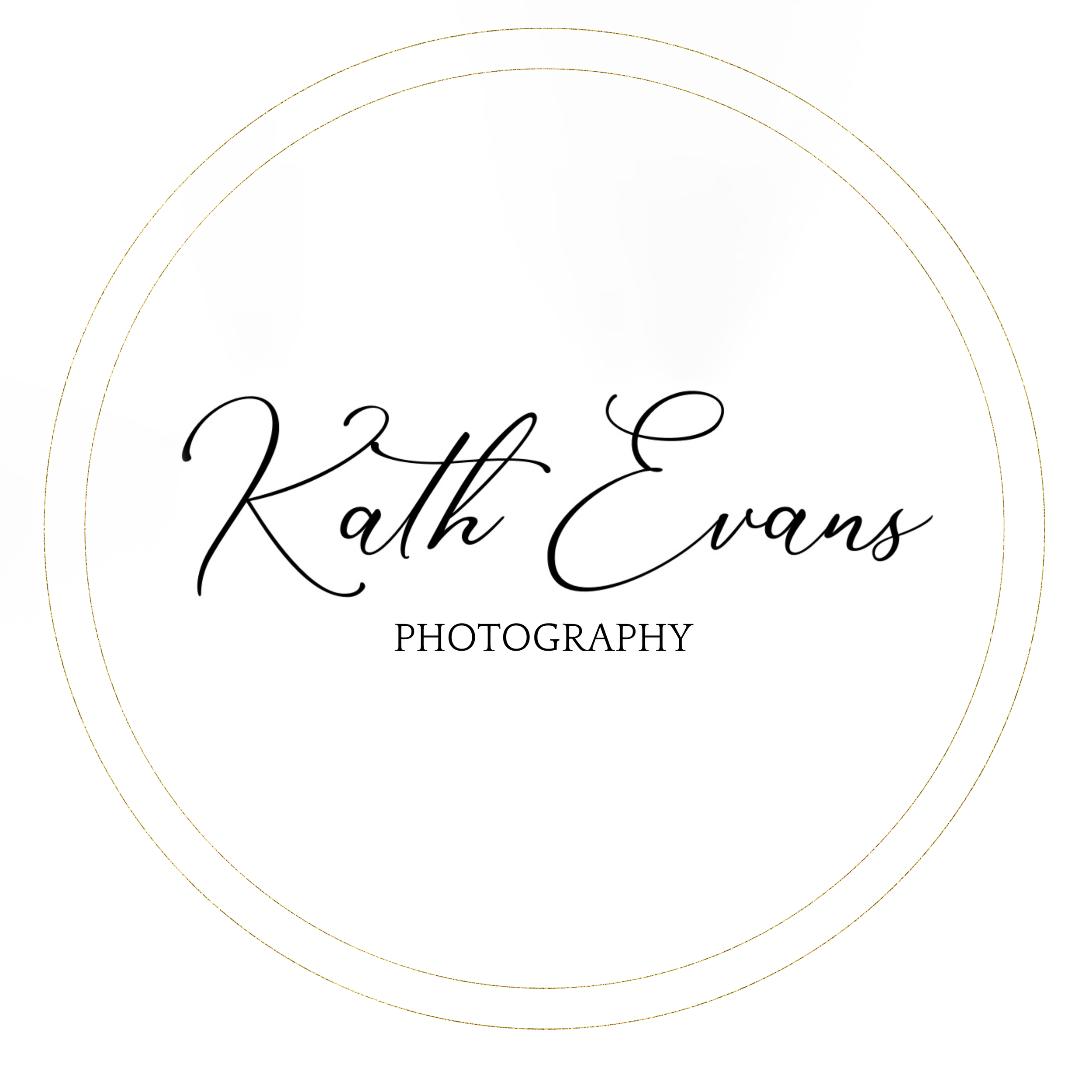 Logo for Kath Evans Photography, featuring elegant black cursive text on a white background with subtle gold circle accents.
