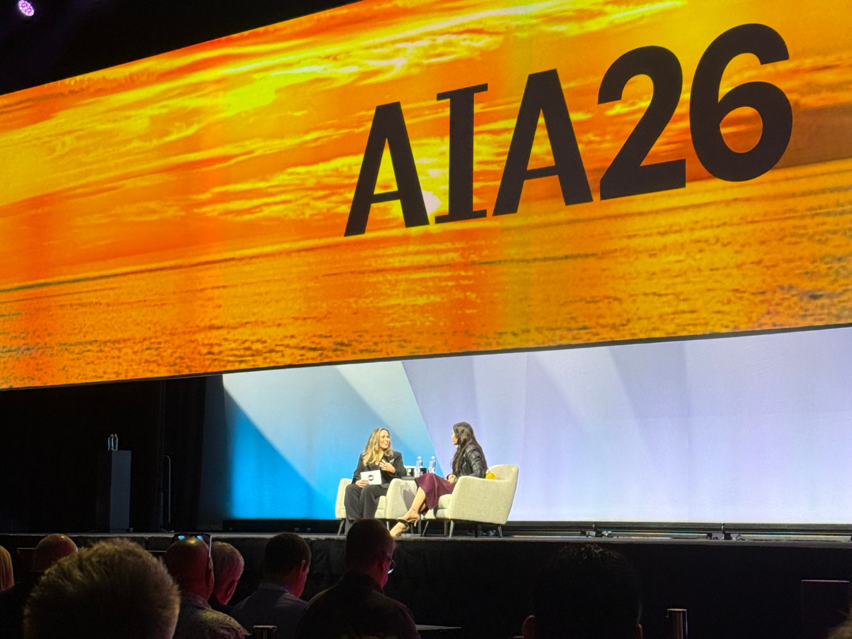 Architect Yiselle Santos Rivera interviews author and food expert Padma Lakshmi on stage at the AIA Conference on Architecture 2026