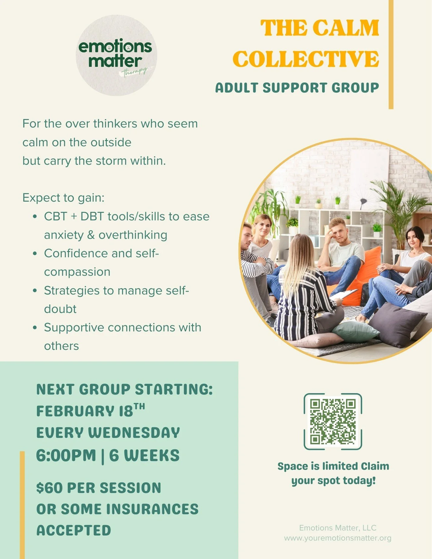 The Calm Collective is back &mdash; and spots are limited. 🌿

Starts 02/18 &bull; Wednesdays, 6:00 PM &bull; 6 weeks
CBT + DBT tools to ease anxiety &amp; overthinking &bull; build confidence &bull; find supportive connections
$60/session (some insu