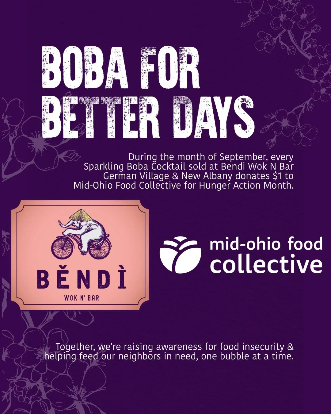 Raise a glass that gives back! 🥢
All September long, $1 from every Sparkling Boba at Bendi Wok N Bar goes to @midohiofoodcollective for Hunger Action Month. 
Sip bold flavors, spark big change.

 #WokThisWay #HungerActionMonth