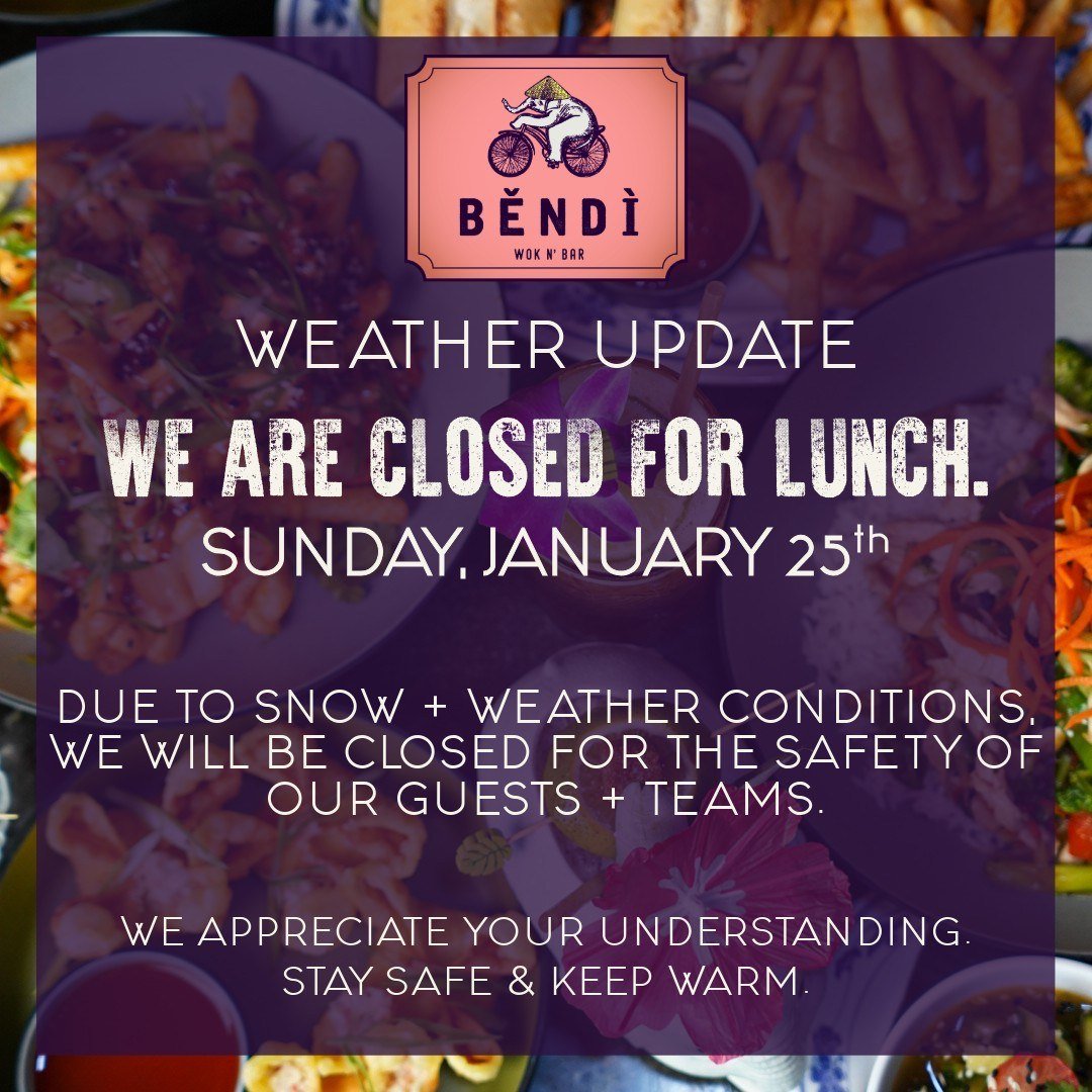 Due to snow and winter weather, Bendi will be closed for lunch today, Sunday January 25th. ❄️
We appreciate your understanding as we prioritize the safety of our team and patrons. 🙏
Stay safe and keep warm.