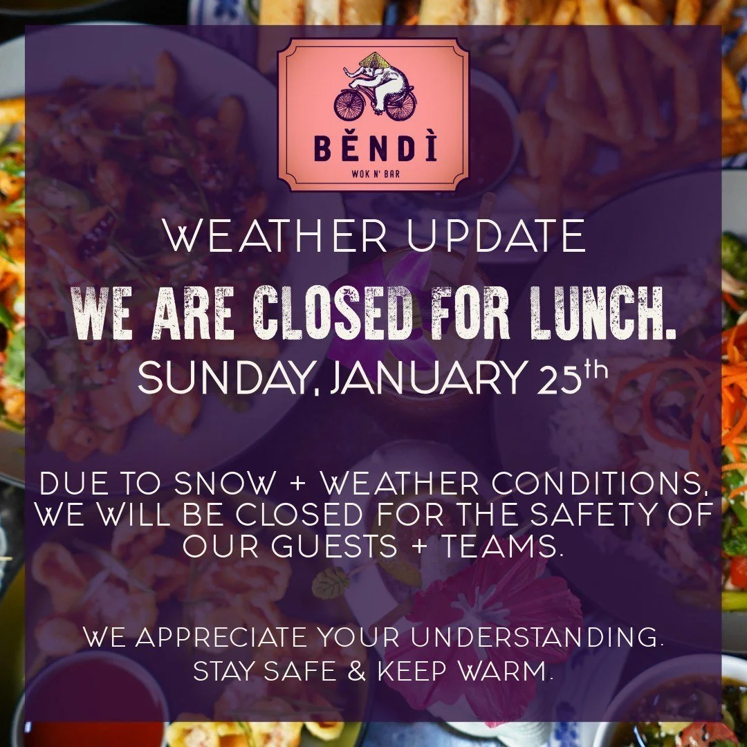 Due to snow and winter weather, Bendi will be closed for lunch today, Sunday January 25th. ❄️
We appreciate your understanding as we prioritize the safety of our team and patrons. 🙏
Stay safe and keep warm.