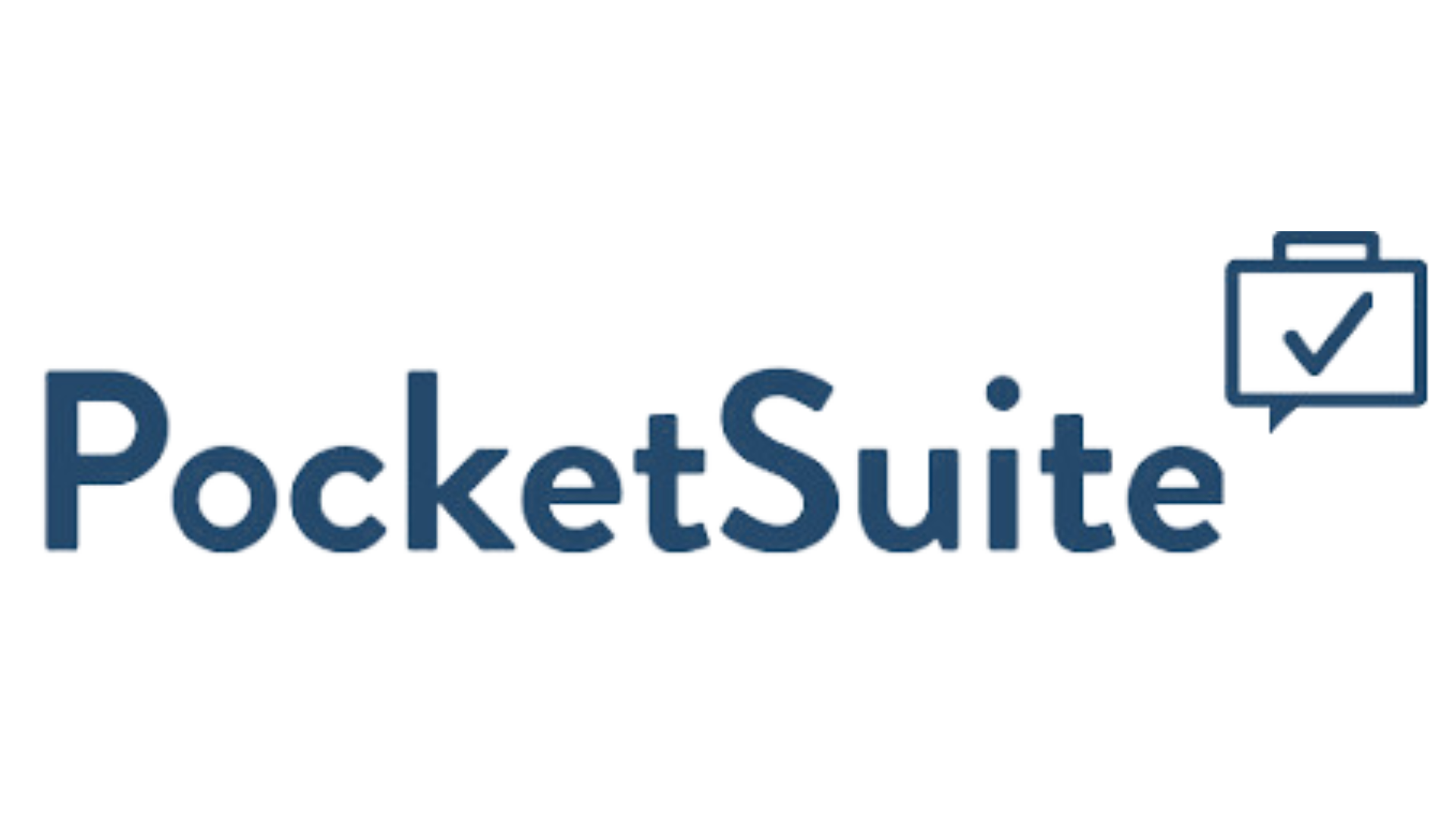 PocketSuite logo with blue text and a speech bubble with a checkmark