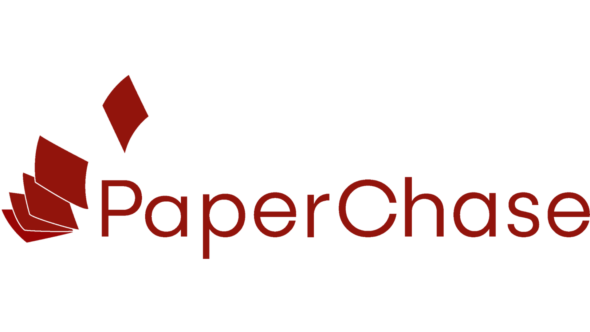 Logo for PaperChase featuring a stylized collection of red paper sheets to the left of the text 'PaperChase' in dark red font.