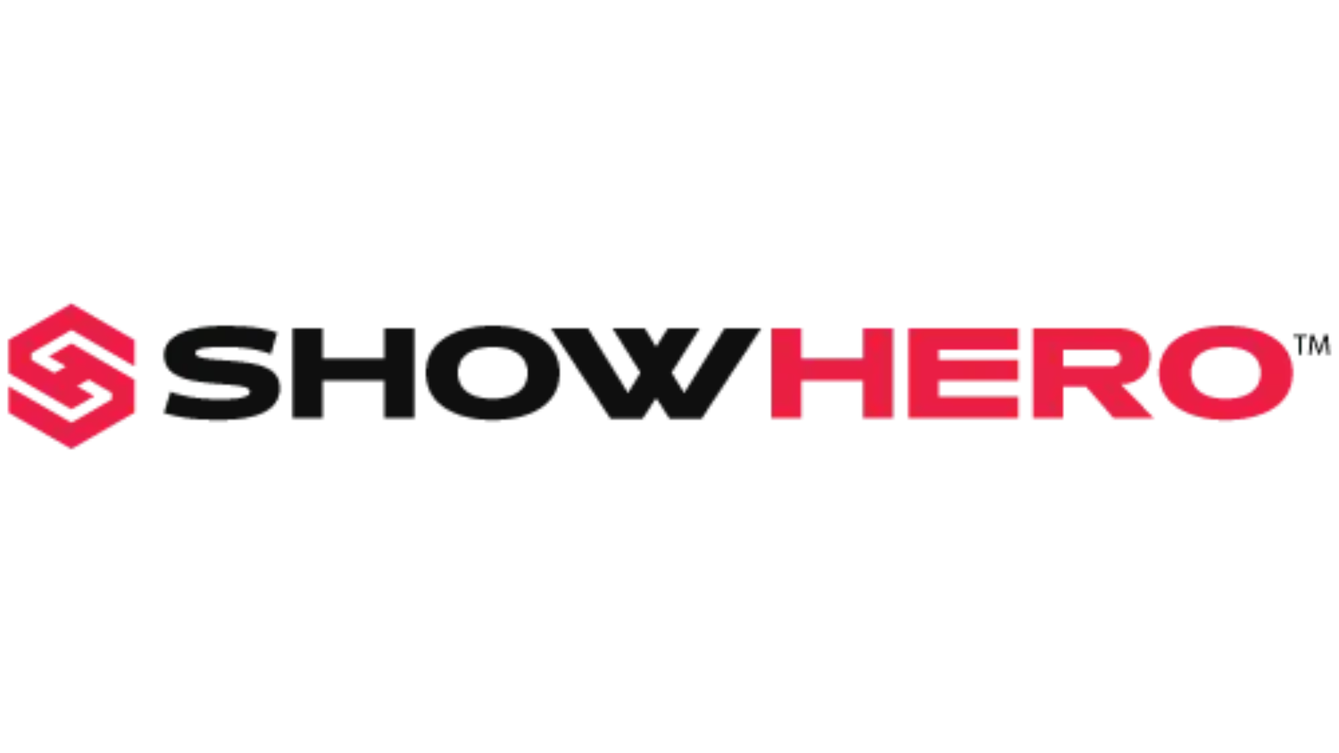ShowHero logo with a red hexagon and black and red text