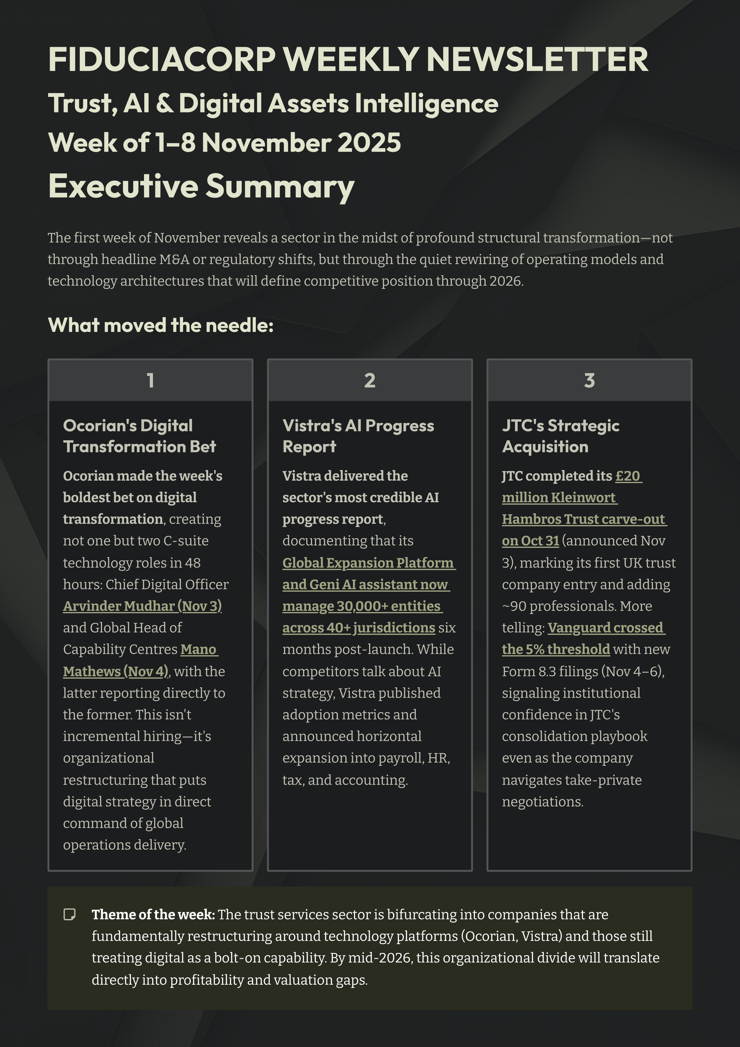 Weekly Market Intelligence - Nov 8, 2025:The org chart just became a competitive weapon in trust services.