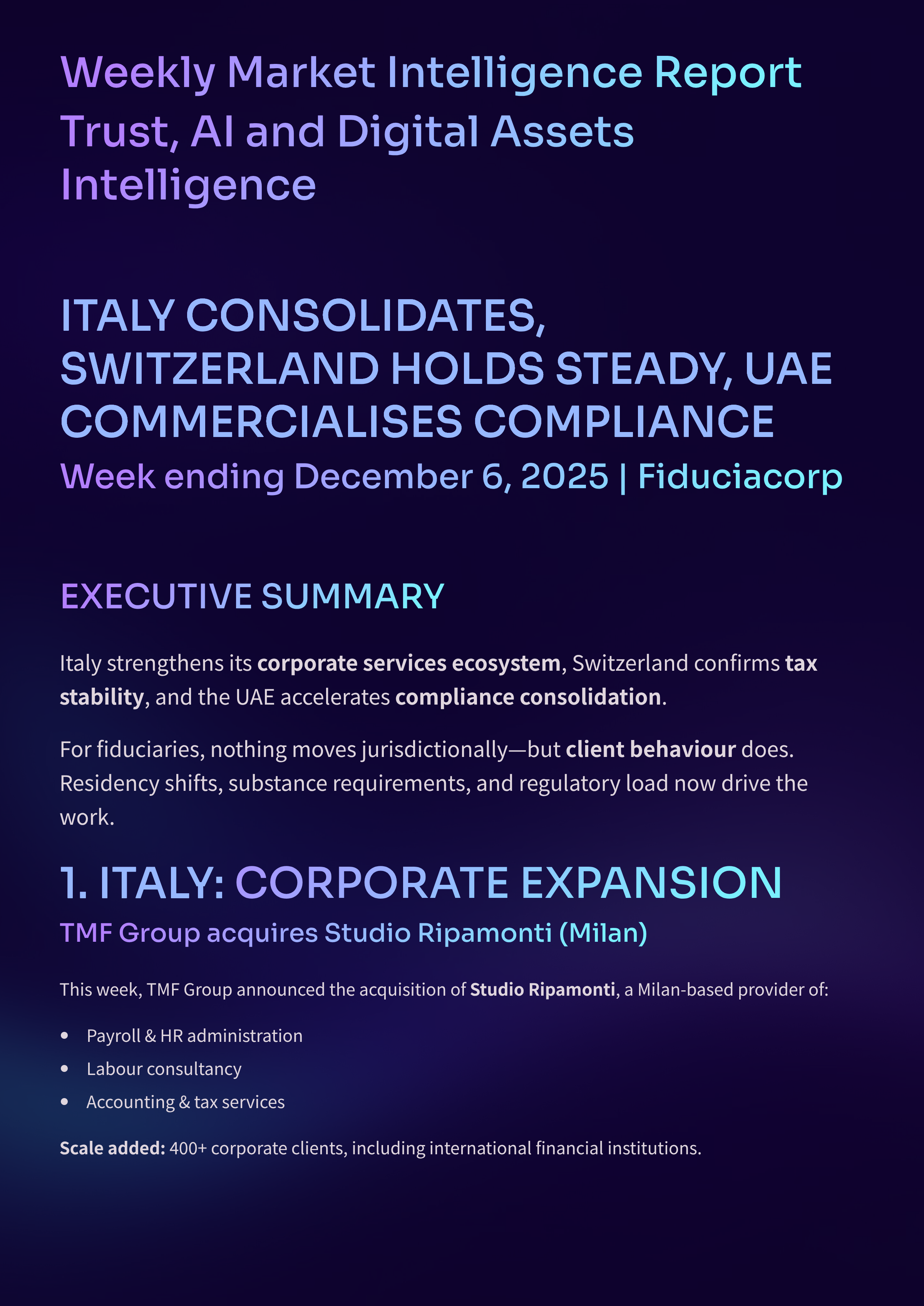 Weekly Market Intelligence Report- Italy Consolidates, Switzerland Holds Steady, UAE Commercialises Compliance - December 7, 2025