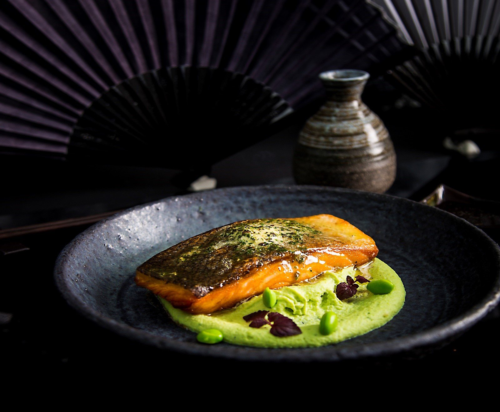GRILLED SALMON WITH Edamame puree