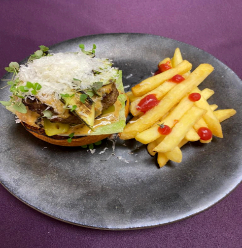 Open marbled beef burger