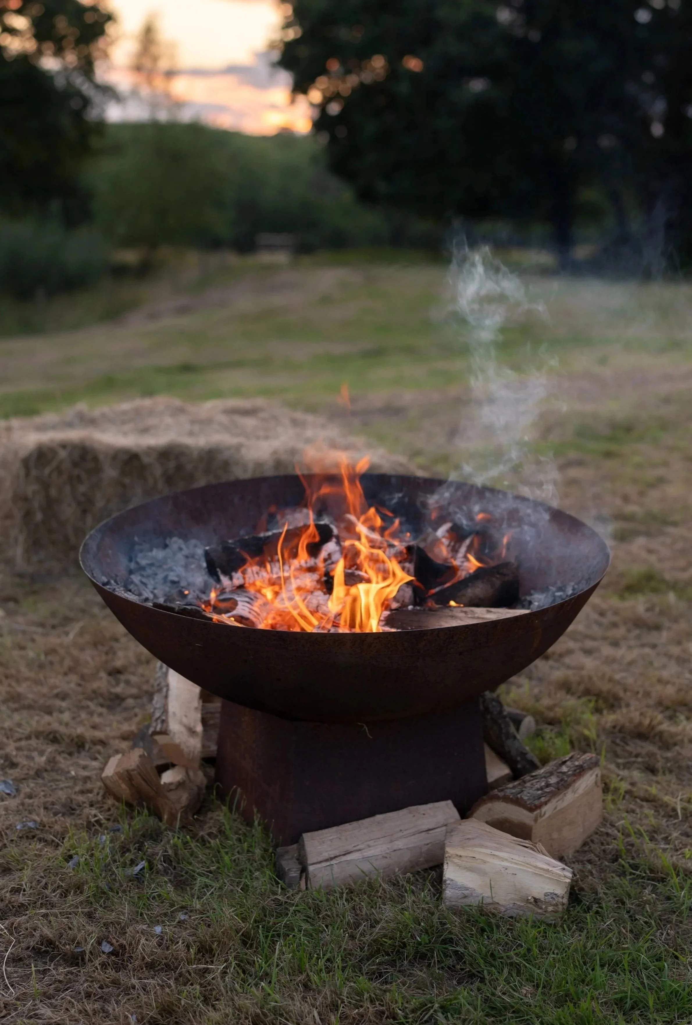 A metal fire pit with burning logs and orange flames outdoors on a grassy area during sunset, with trees and a cloudy sky in the background.