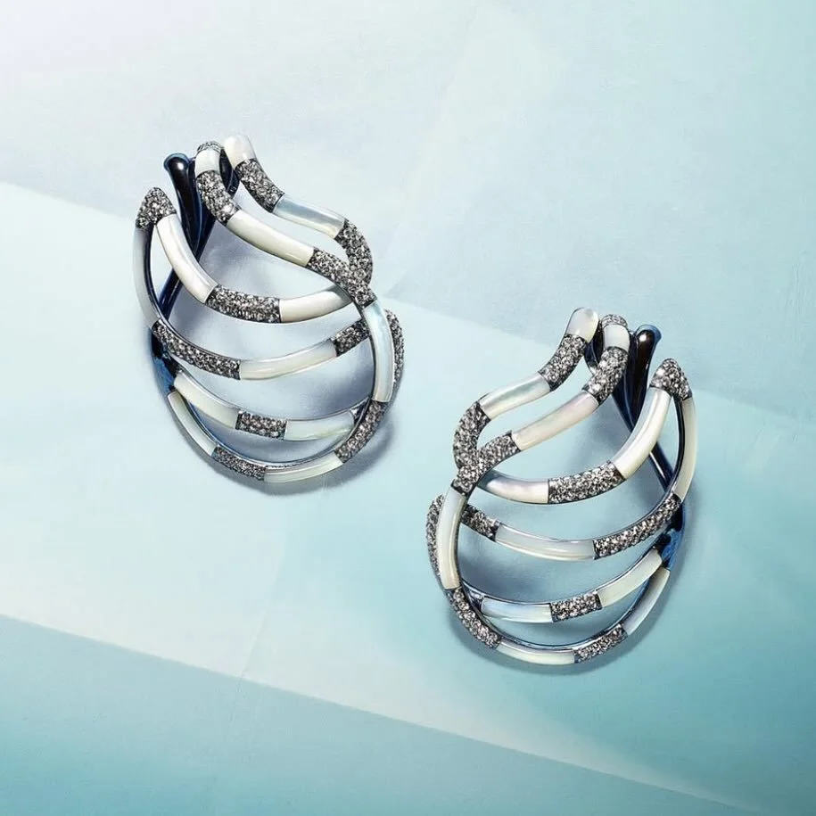 Syphon earrings. Titanium and diamonds by DYNE.