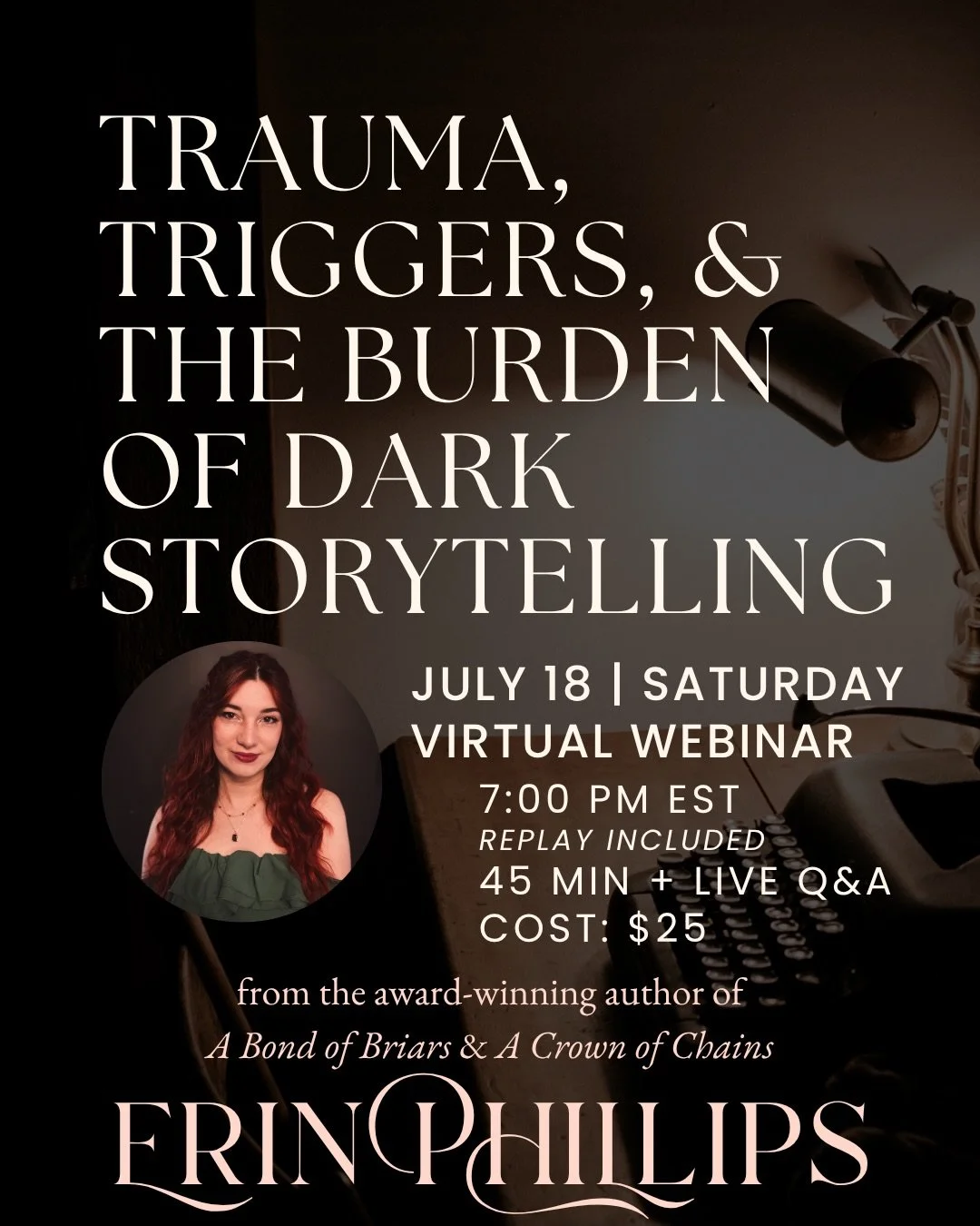 Comment &ldquo;TICKET&rdquo; to register now!
I get the most questions about this topic.

If you&rsquo;ve ever sat down to write a dark story and found yourself questioning how far was too far, or how much was not enough, this webinar is for you.

Tr