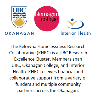Logos of UBC, Okanagan College, and Interior Health at the top. Text describing the Kelowna Homelessness Research Collaborative (KHRC) as a UBC Research Excellence Cluster, mentioning its members, support sources, or partners.