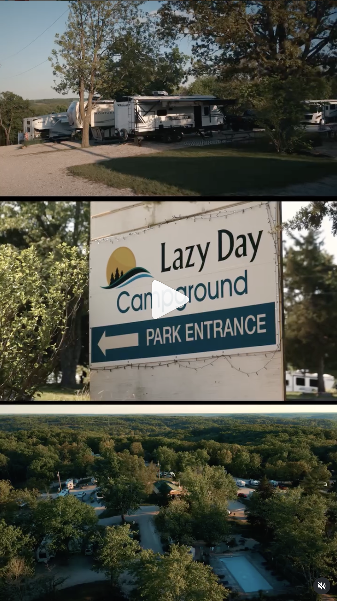 A camping ground with RV trailers, a sign reading "Lazy Day Campground" and an arrow pointing left, surrounded by trees and distant mountains.