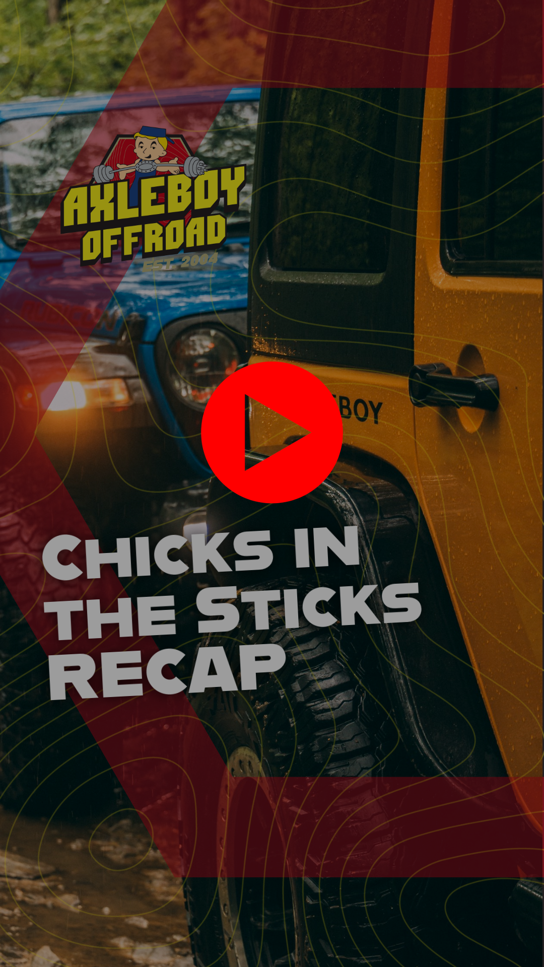 Close-up of off-road vehicles, one yellow and one blue, with the Axleboy Offroad logo visible.