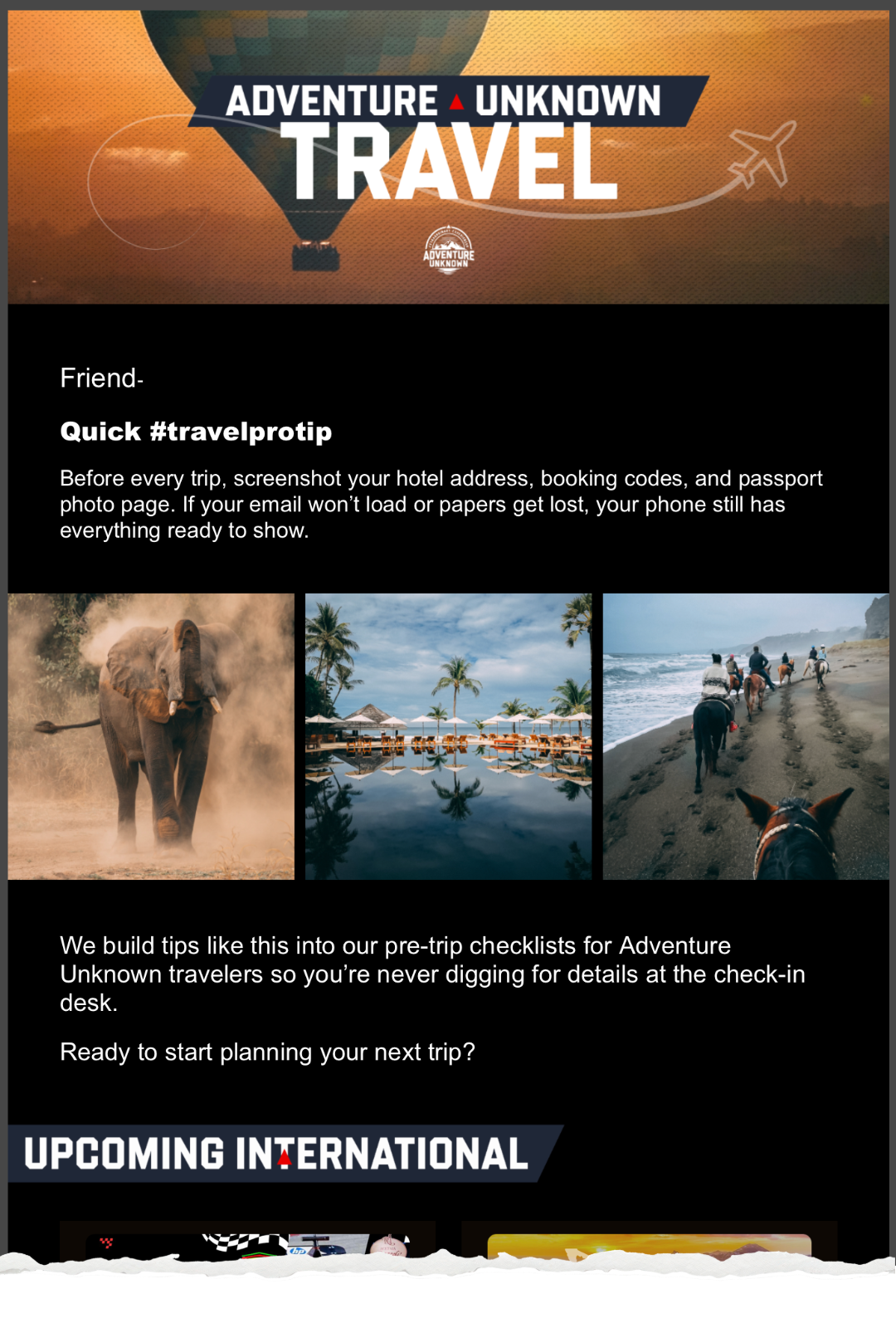 A promotional graphic for Adventure Unknown Travel featuring a hot air balloon, a plane, and images of an elephant, a tropical resort, and a beach with horse riders.