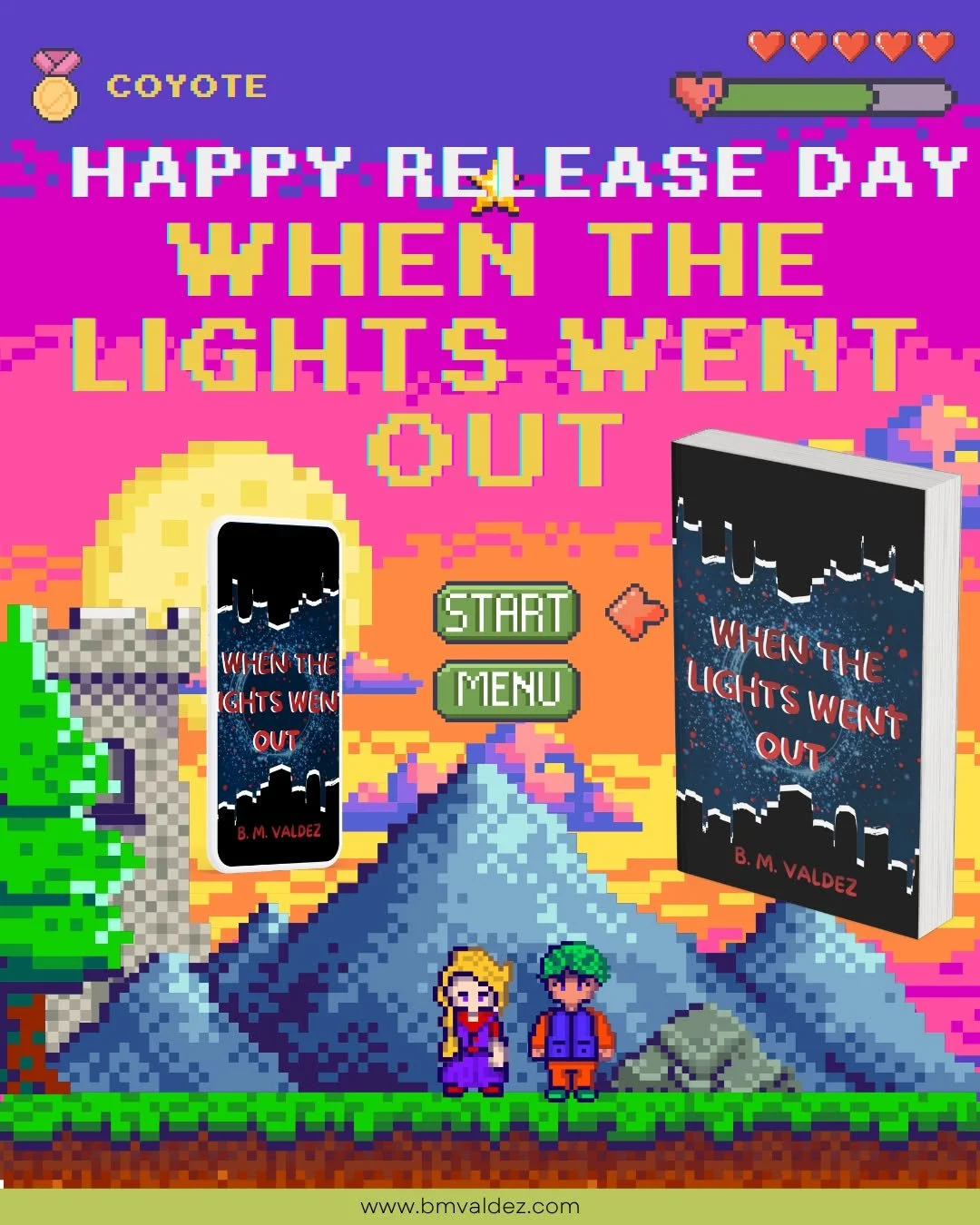 I'm not a great designer so I thought this pre-made vintage looking video game template from Canva was a great way to celebrate the #releaseday of my #novella When the Lights Went Out! This book is available now from my website, Barnes&amp;Noble, and