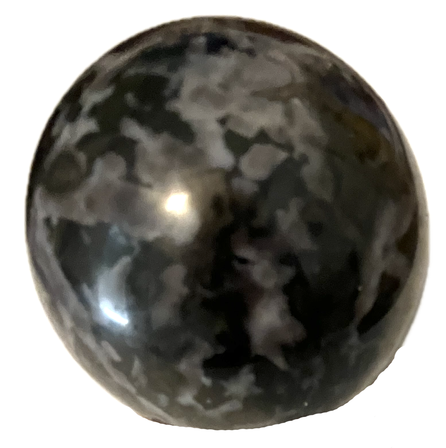 Close-up of a crystal stone sphere with a black and gray camouflage pattern surface.
