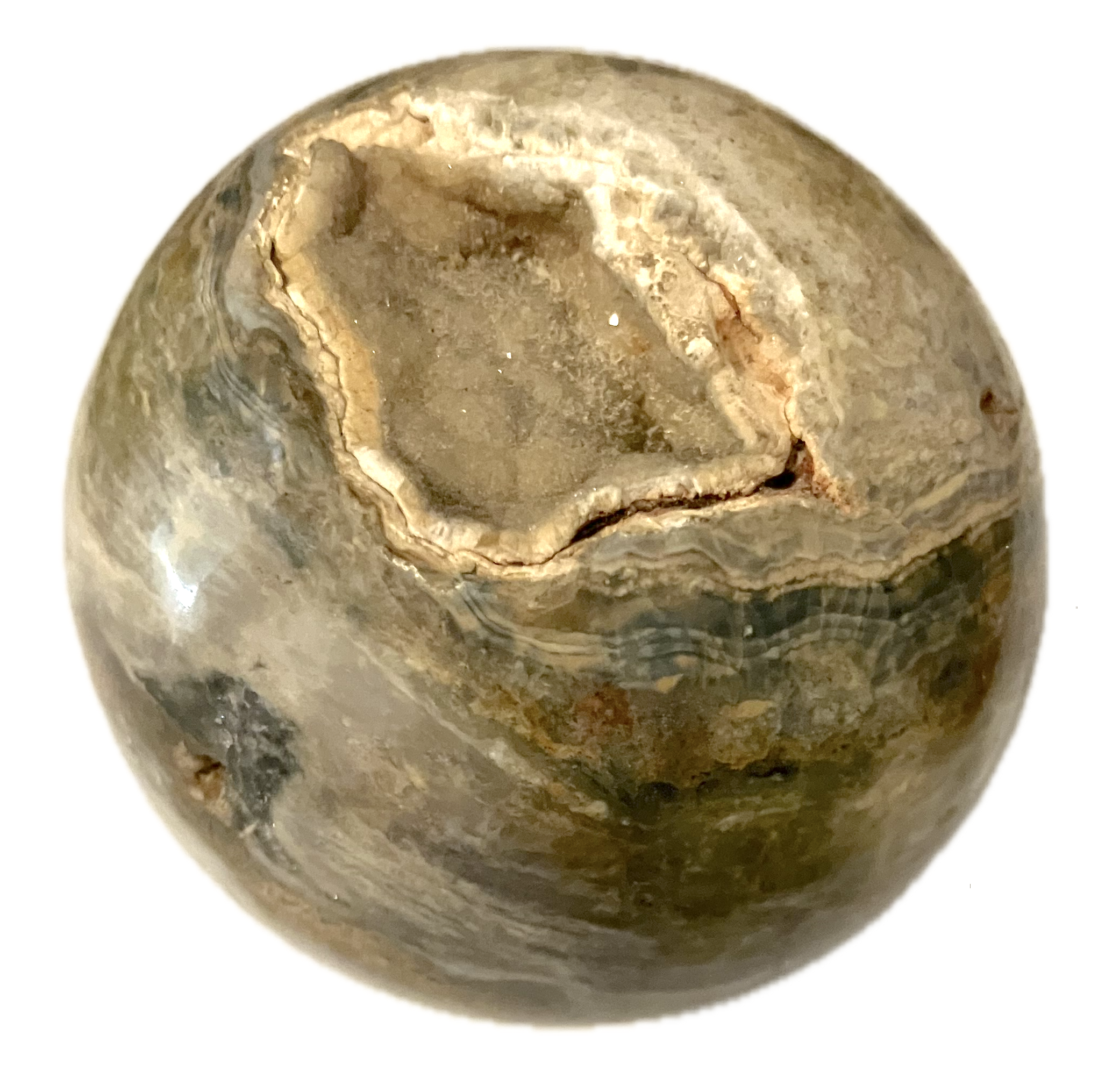Close-up of a polished crystal stone sphere showing layered, mineralized patterns and a large druzy.