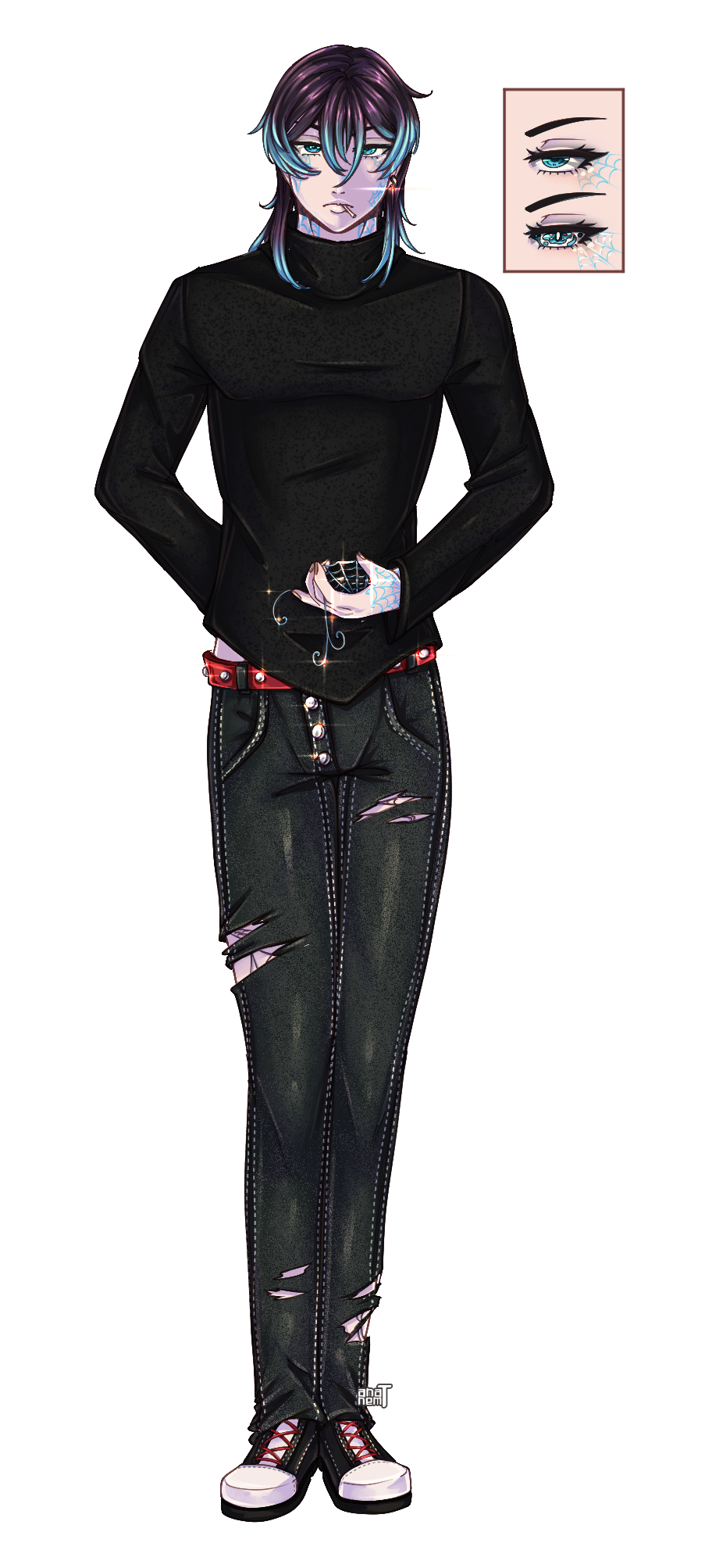Digital illustration of a person with layered black and blue hair, wearing a black turtleneck, ripped black jeans, and white shoes with red laces. He has a spider web markings on his right hand