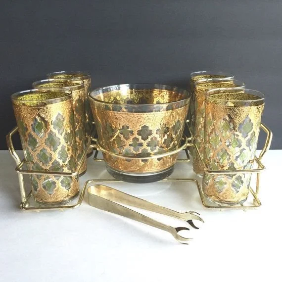 Vintage Gold Highball Glass Set with Ice Bucket