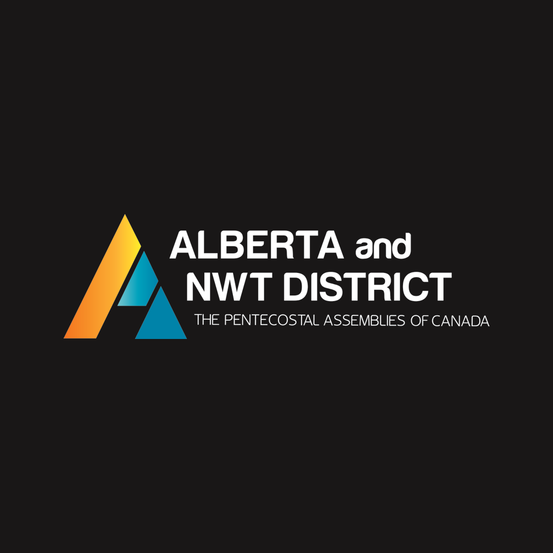 Logo for Alberta and NWT District of the Pentecostal Assemblies of Canada featuring a stylized mountain design with orange and blue colors, and text in white on a black background.