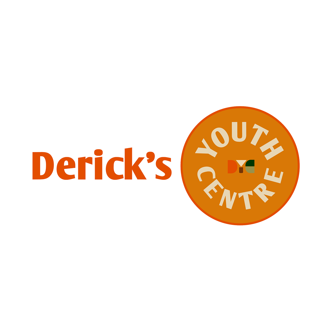 Logo with orange text 'Derick's' and a circular badge saying 'YOUTH CENTRE' with a stylized face in the center.