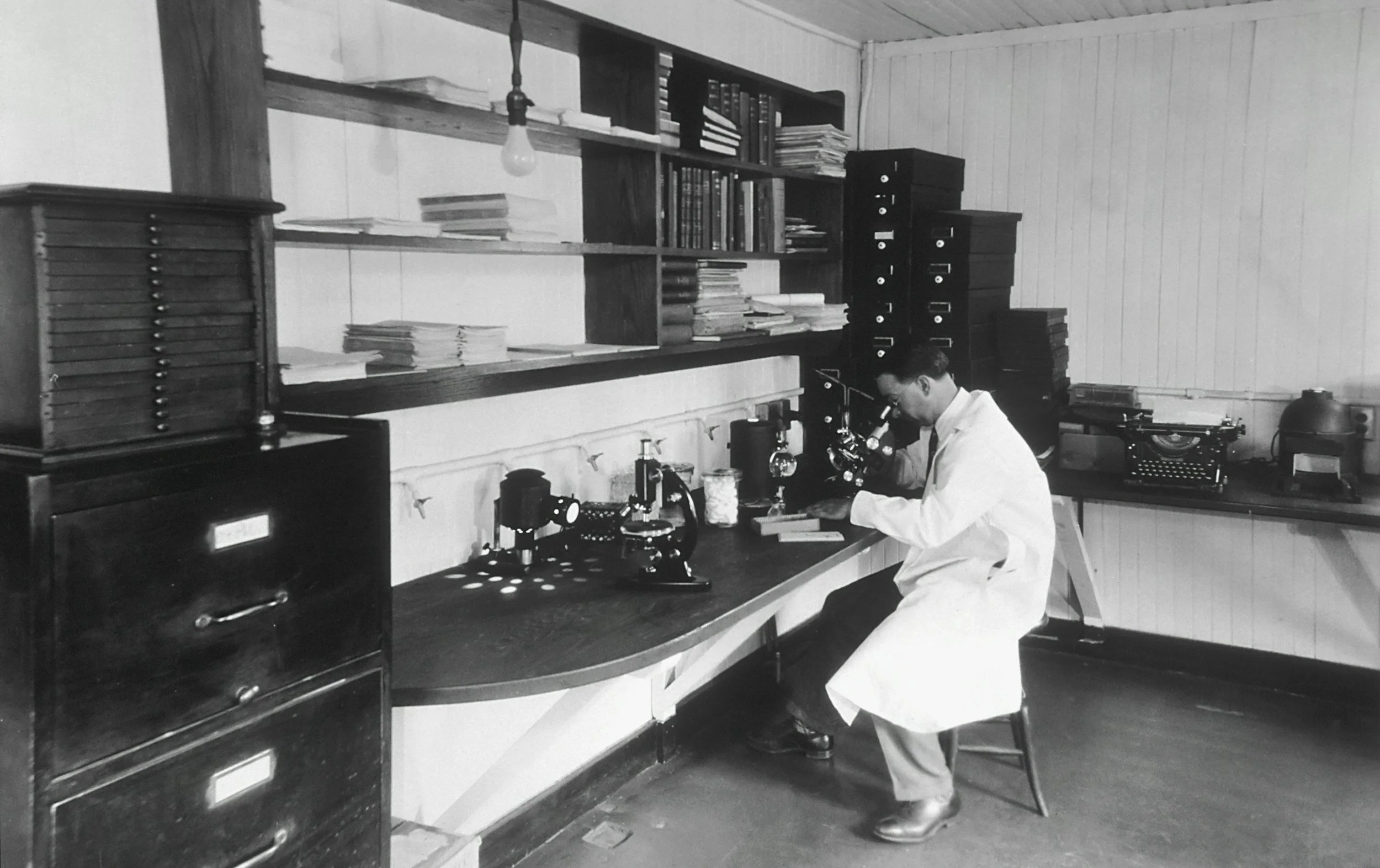 doctor in a lab looking through a microscope